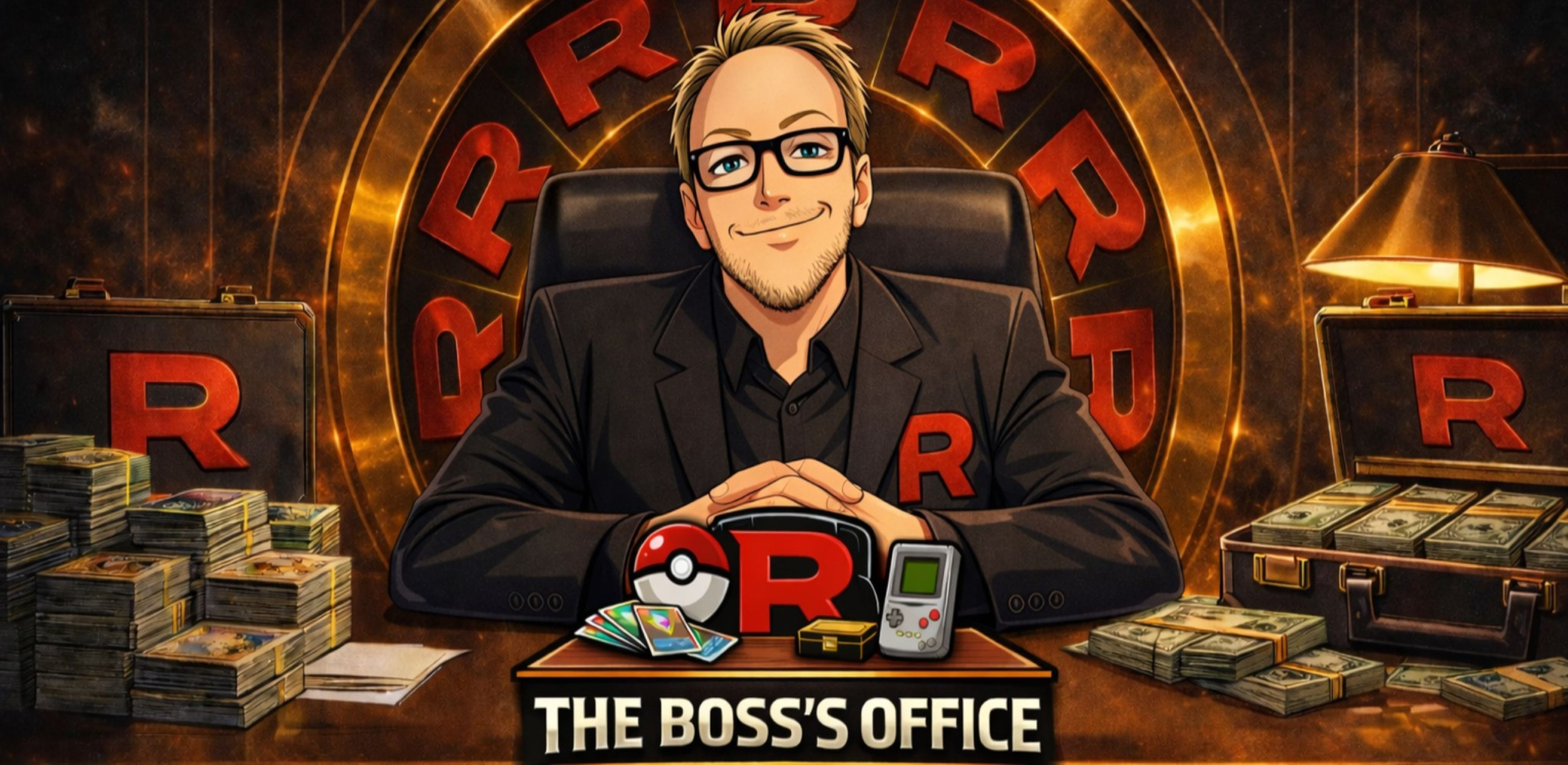 An illustrated man in a black suit with glasses sitting at a desk with piles of money, a Pokéball, a Nintendo Game Boy, and Pokémon cards. The background features the red 'R' logo from Team Rocket and the text 'The Boss's Office.'
