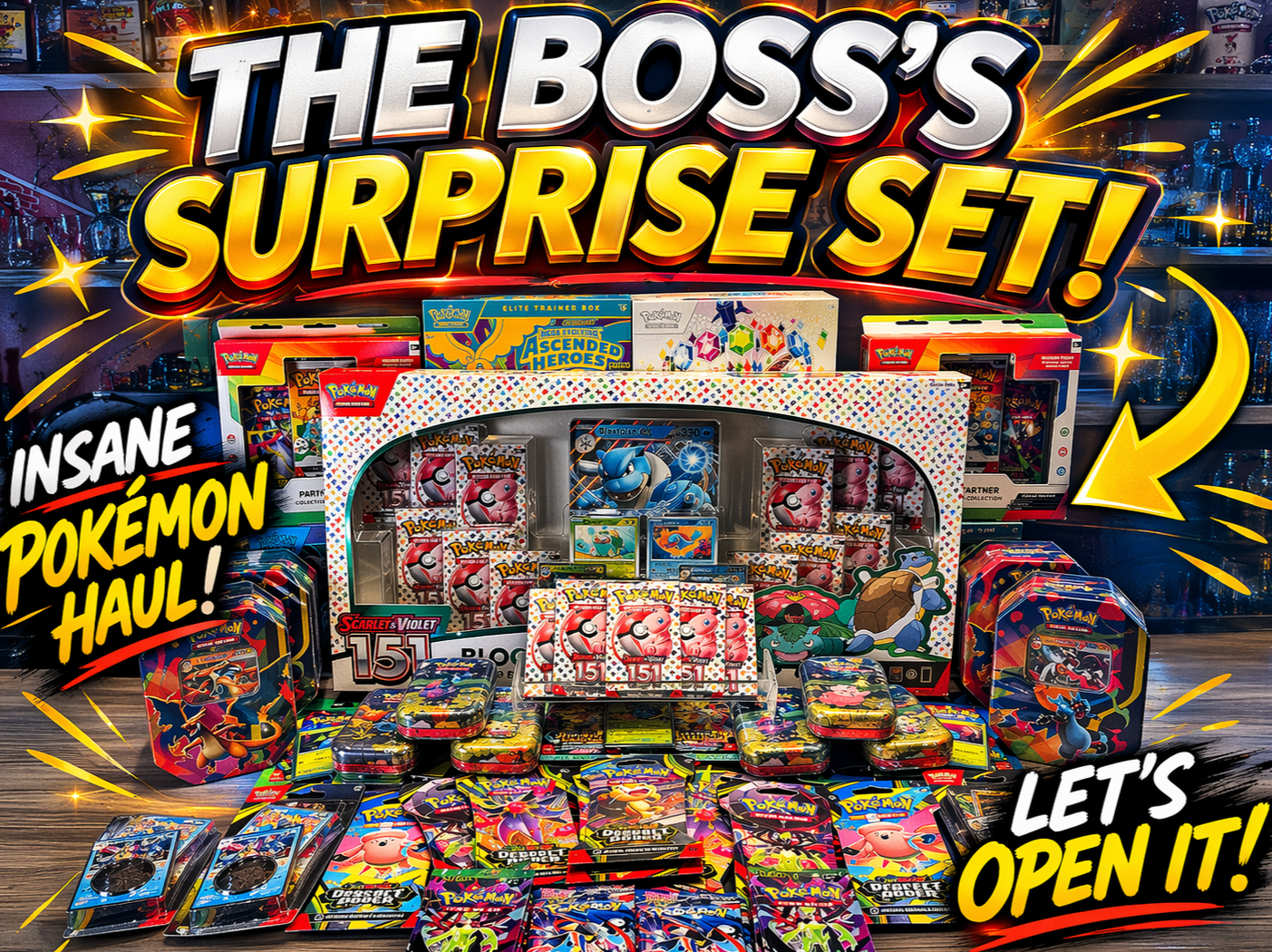 A display of various Pokémon merchandise including booster packs, tins, and toys, with bright promotional graphics reading 'The Boss's Surprise Set,' 'Insane Pokémon Haul,' and 'Let's Open It!' in colorful text.
