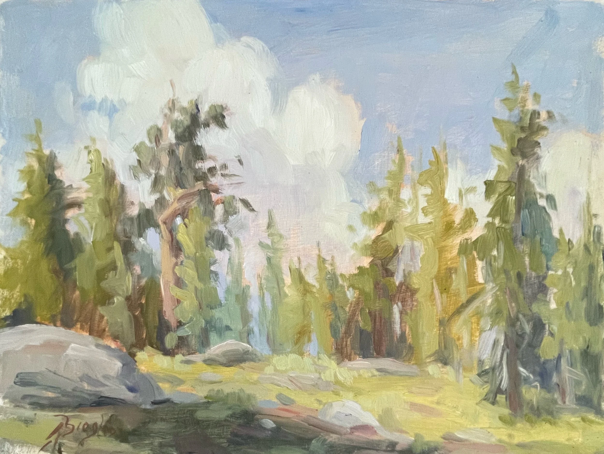 Impressionist oil painting of a Sierra forest with clouds rising in the background by Andrea Broglio