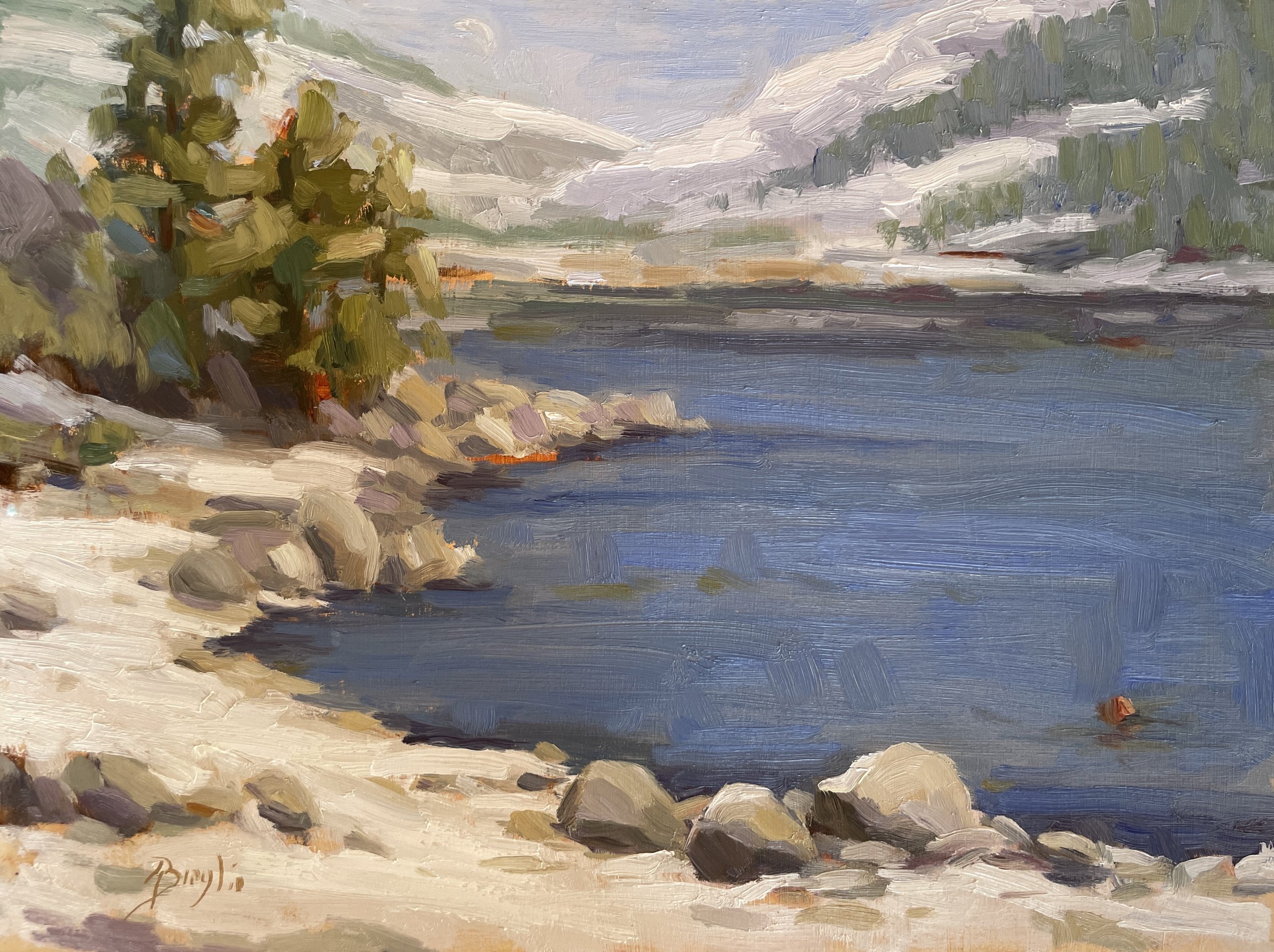 impressionist oil painting of Pinecrest Lake from the shore in late winter by Andrea Broglio