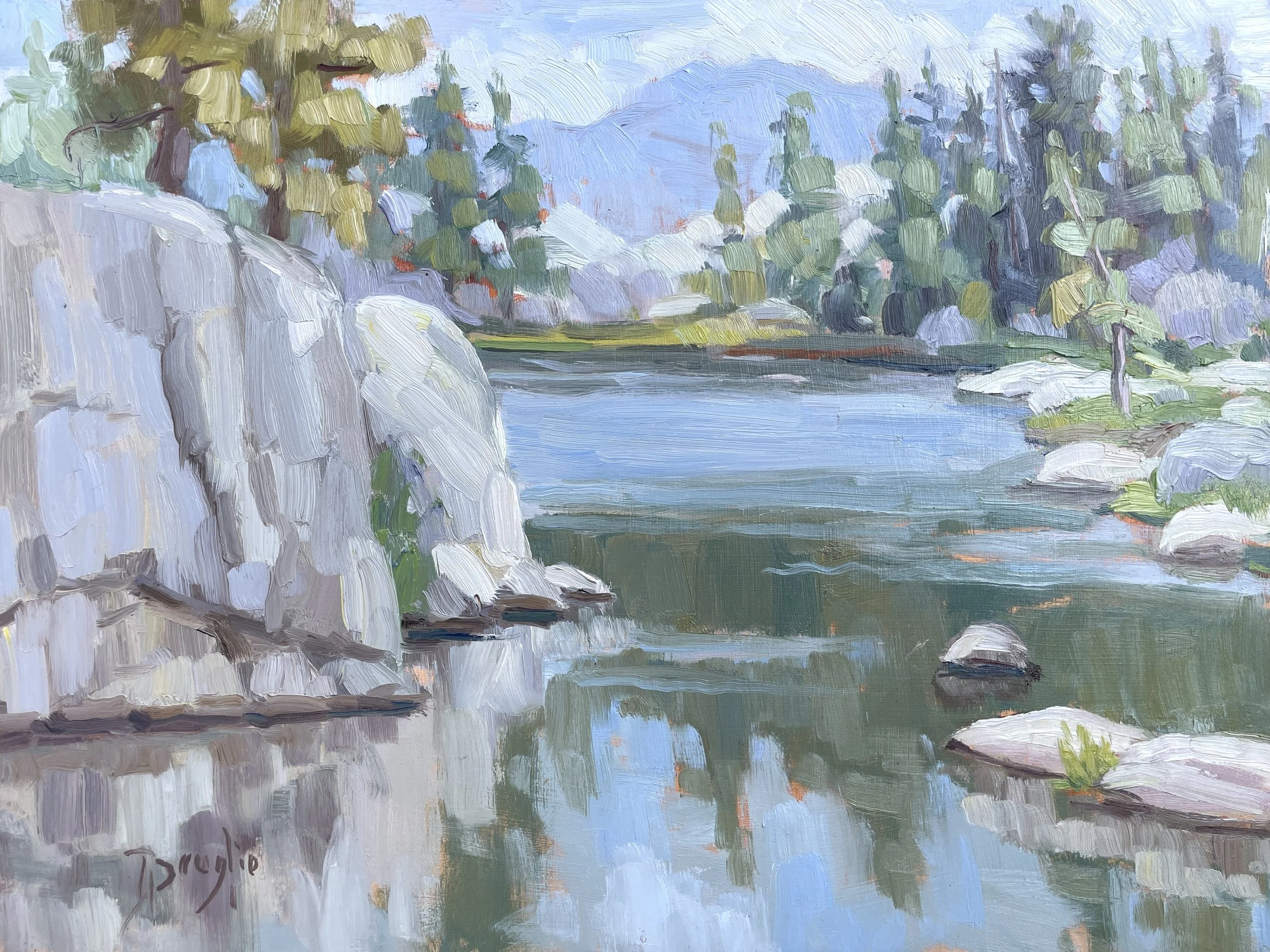 Impressionist oil painting of granite boulders and a serene lake with mountains in the background by Andrea Broglio