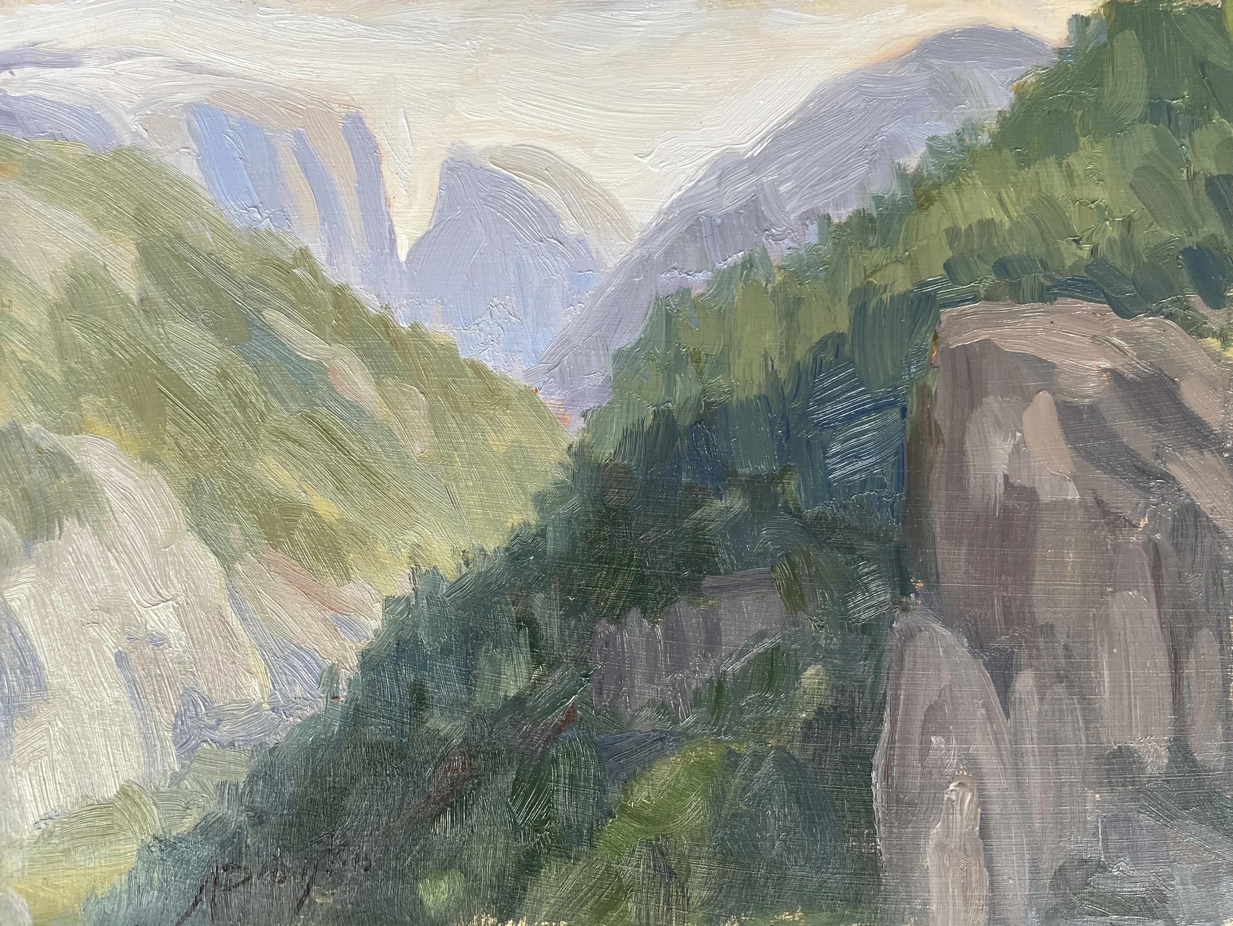 impressionist oil painting of Half Dome as seen from the entrance to Yoseimite by Andrea Broglio