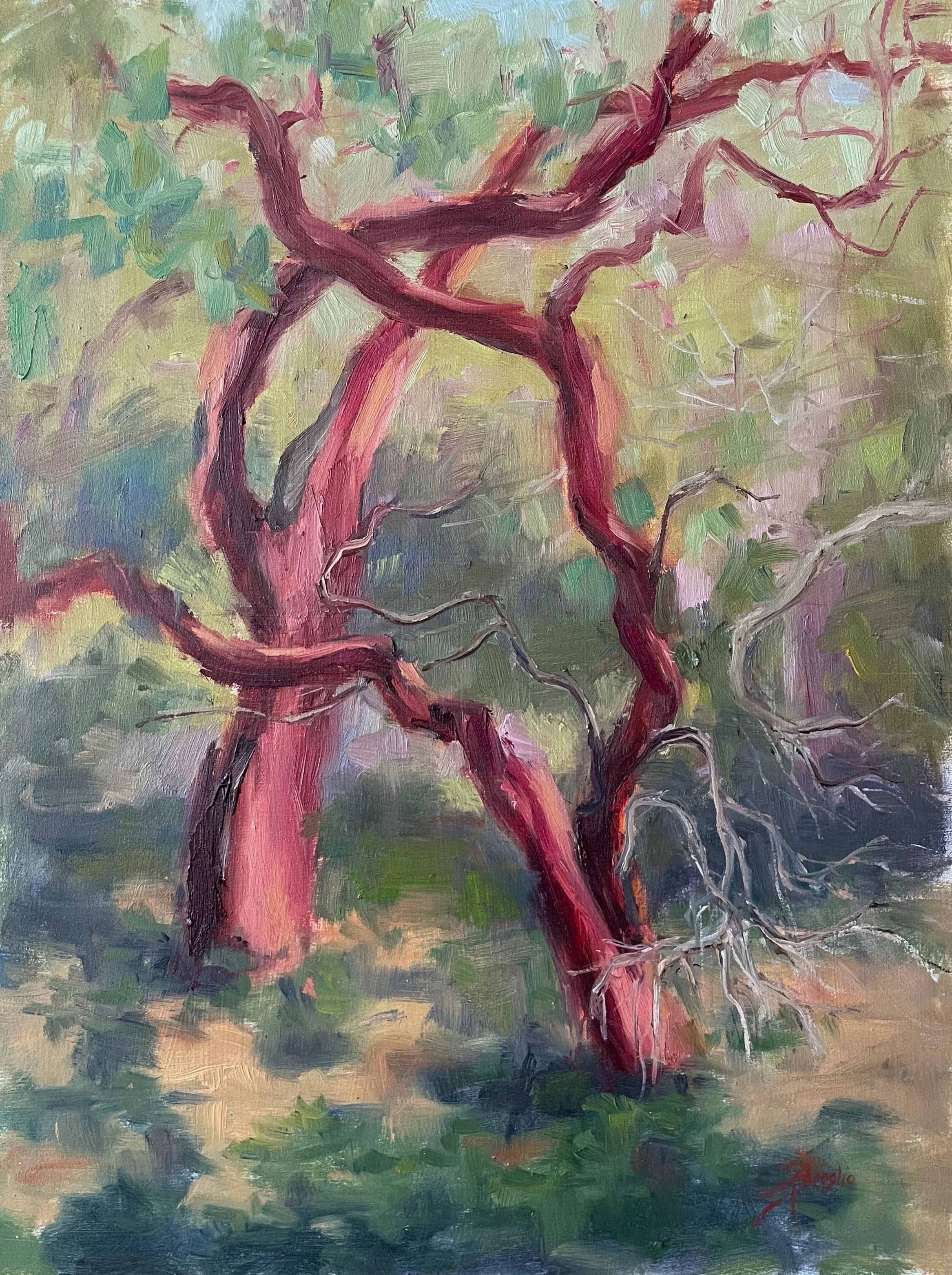 impressionist oil painting of two tall manzanitas leaning toward each other by Andrea Broglio