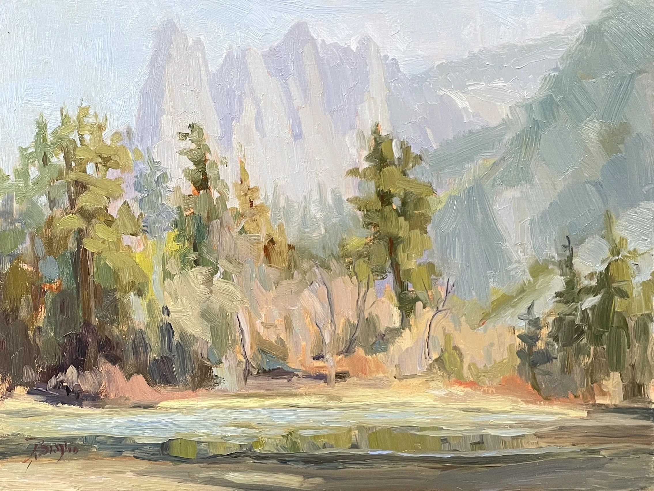 impressionist oil painting of Cathedral peaks in Yosemite with winter trees and the Merced river in the foreground by Andrea Broglio