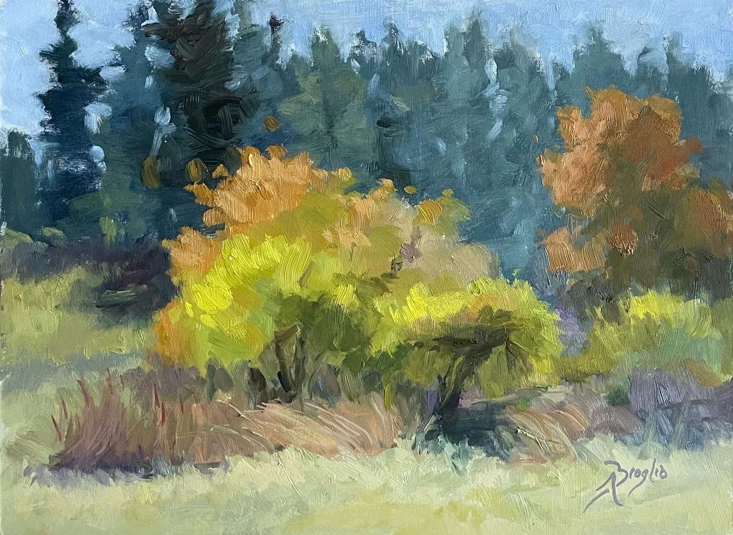 impressionist oil painting of apple trees with yellow leaves in a forest meadow by Andrea Broglio