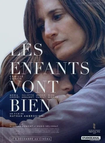 Close-up of a woman embracing a young child, with the film title 'Les Enfants Vont Bien' and cast and crew information overlaid.