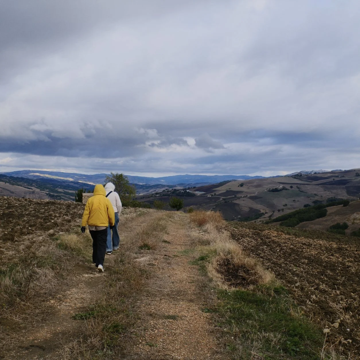 Two people hiking on a dirt trail through a hilly landscape under a cloudy sky, wearing jackets and walking away from the camera.