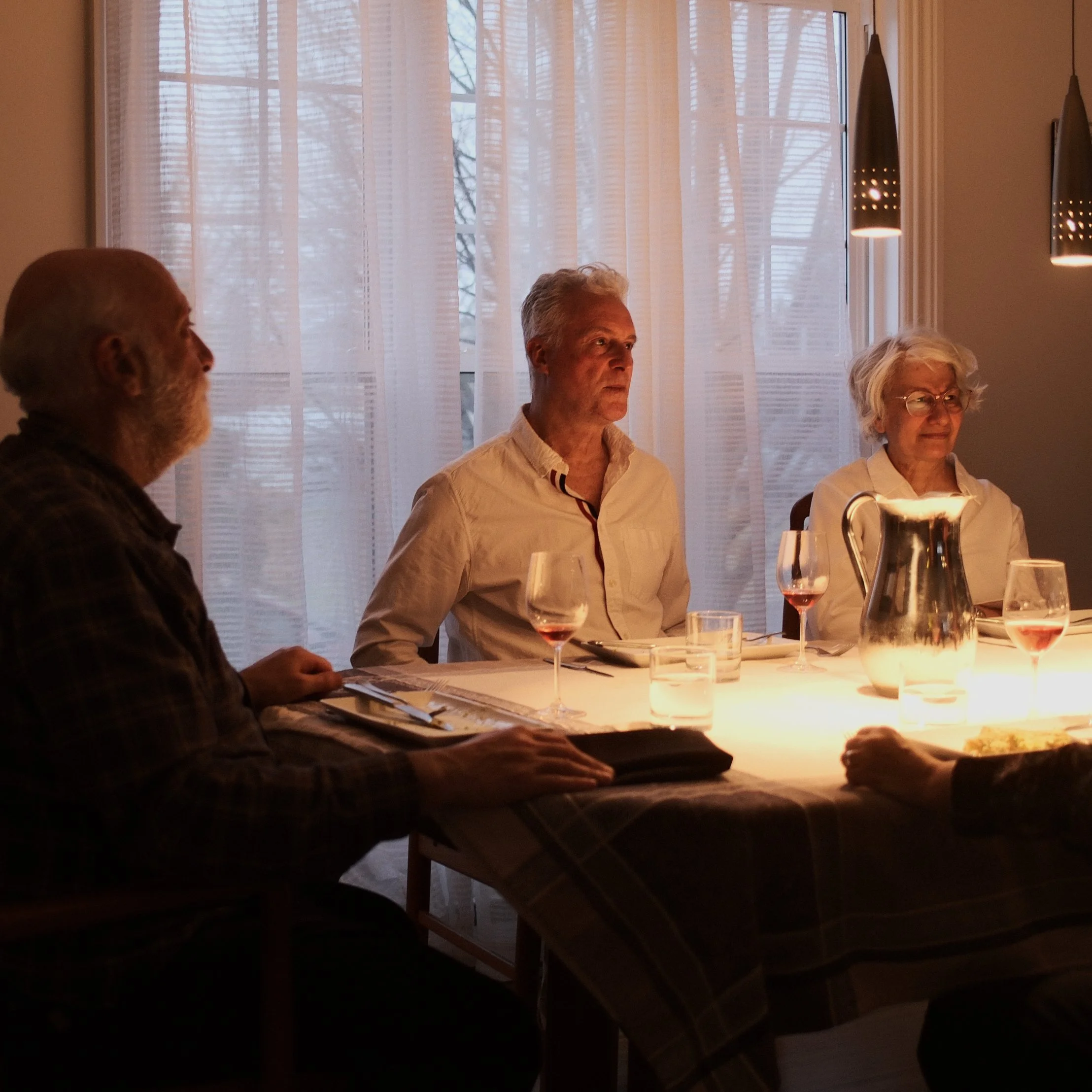 People sitting around a dining table with glasses of red wine, a pitcher, and plates, in a dimly lit room with a window and curtains showing trees outside.