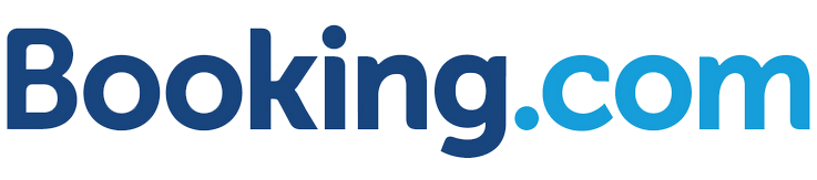 Booking.com logo with blue text on black background.