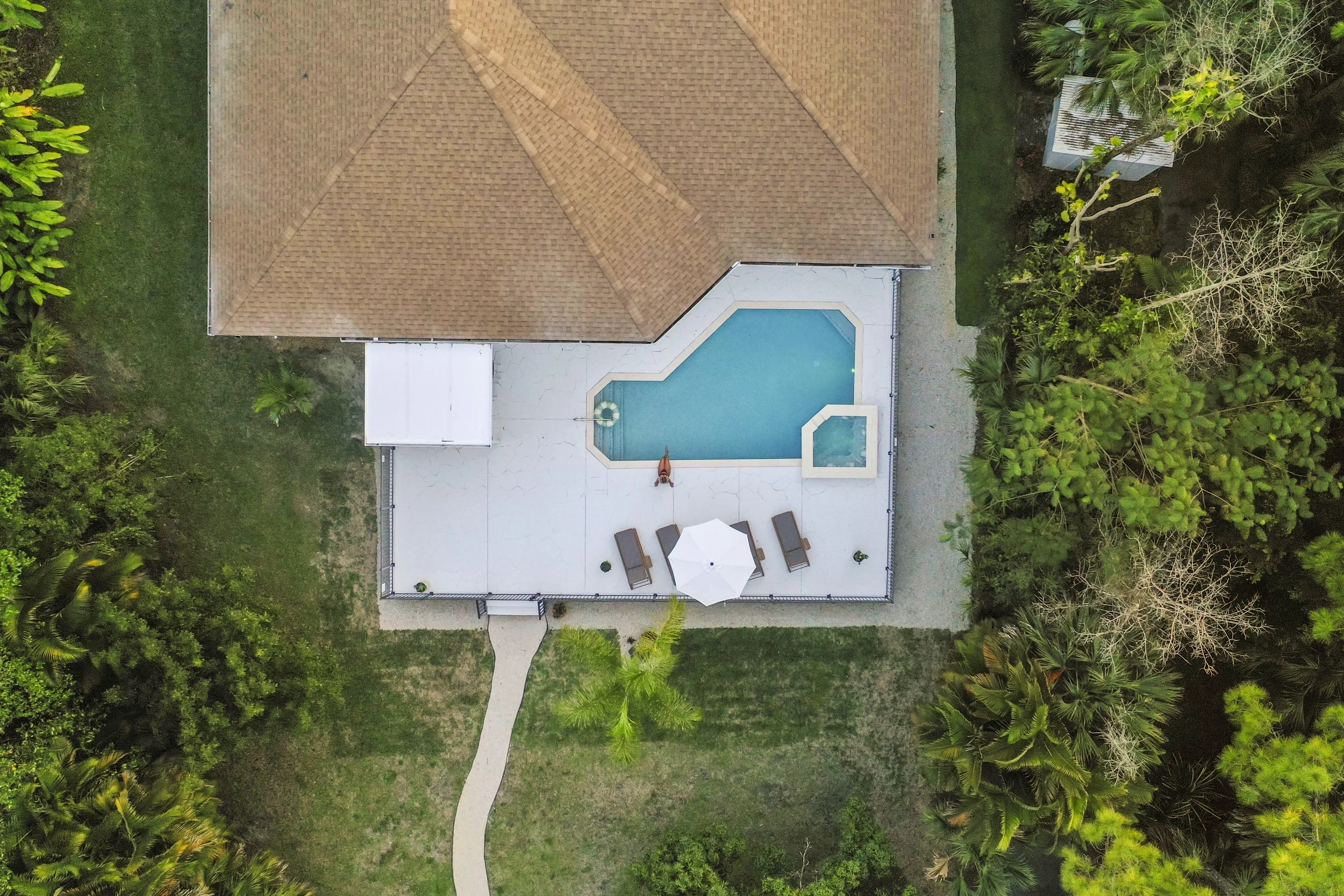 An aerial view of a house with a brown shingle roof, a swimming pool in the backyard, surrounded by trees and greenery, with a white patio area and lounge chairs.