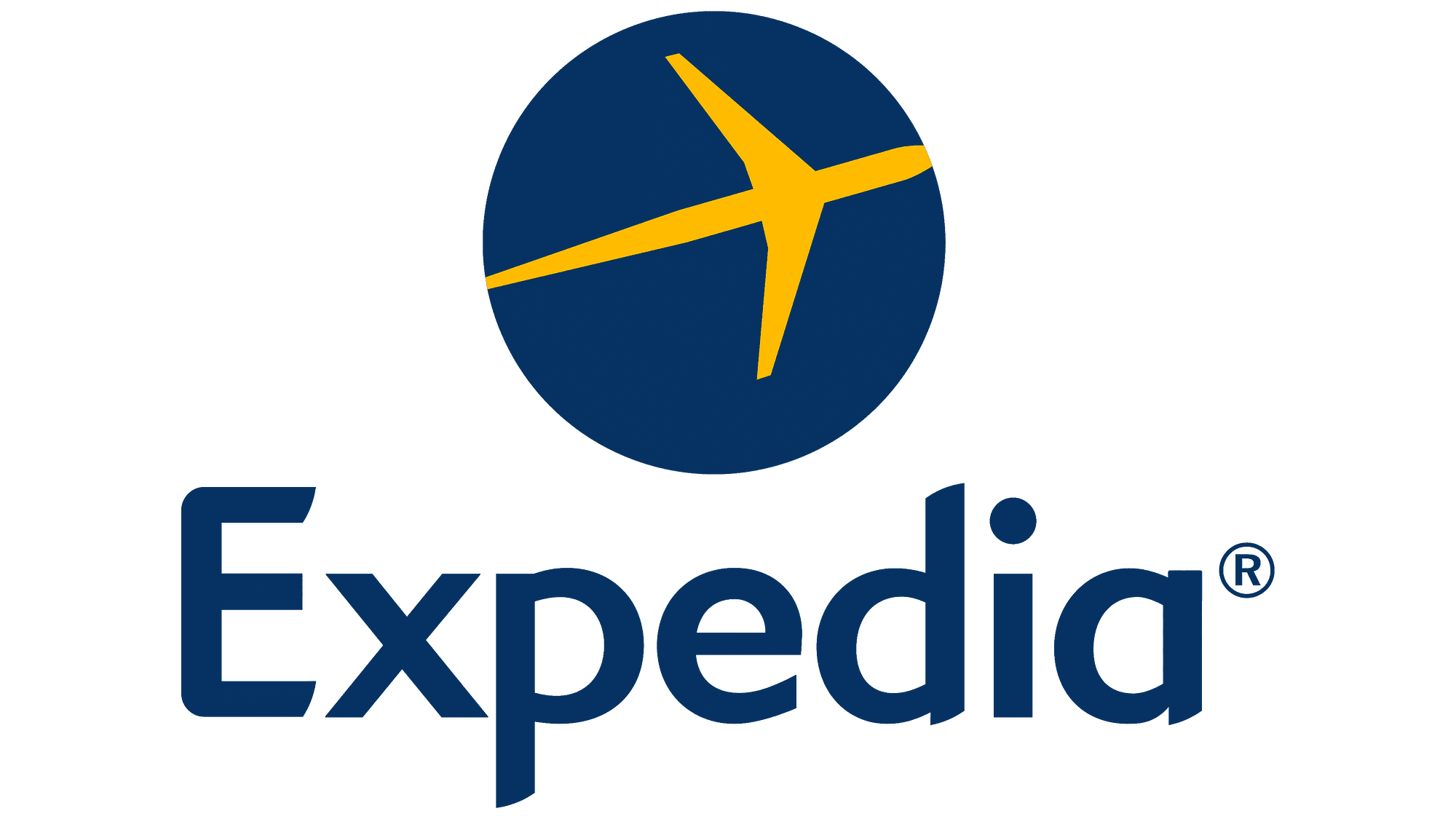Expedia logo with a dark blue oval and a yellow airplane silhouette inside, and the text 'Expedia' below in dark blue.