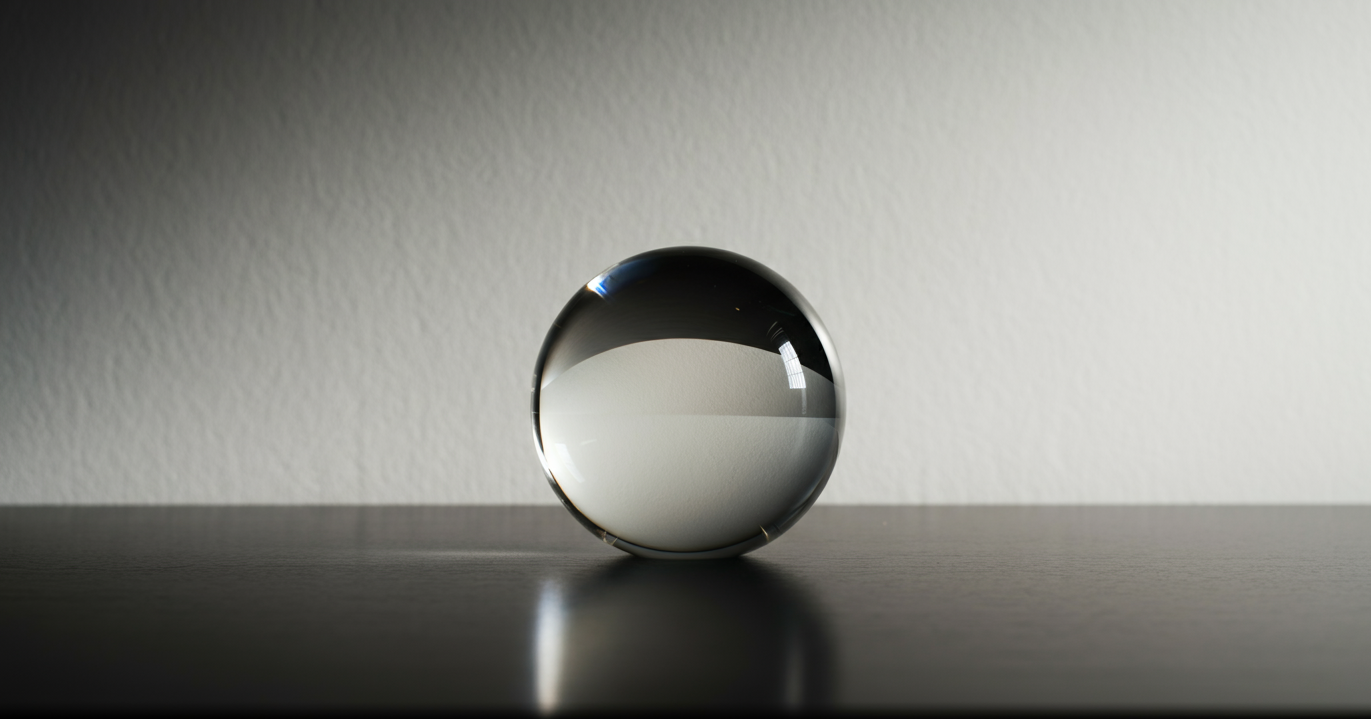 Eine Glaskugel auf einem schwarzen Tisch mit spiegelndem Effekt, reflektiert die weiße Wand und das Licht. Ein minimalistisches, ruhiges Stillleben.