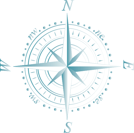 Kompassrose mit Himmelsrichtungen N, E, S, W auf schwarzem Hintergrund.