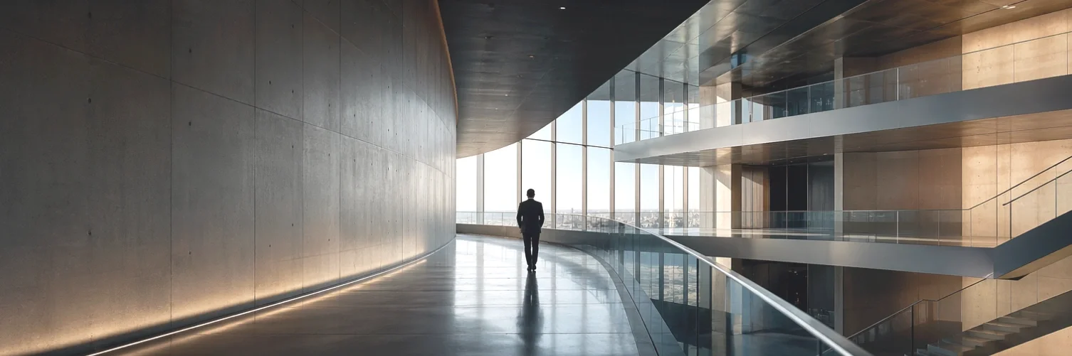 Eine Person in Business-Kleidung läuft in einem modernen, helle Architektur gebäude mit großen Fenstern und mehreren Geschossen.