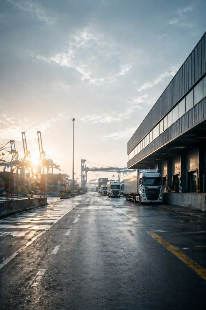 Lkw im Hafen bei Sonnenaufgang mit Containern und Kräne im Hintergrund