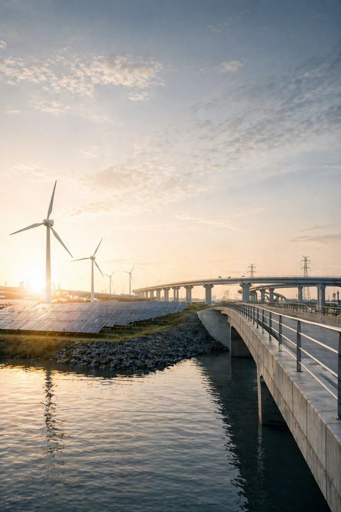 Erneuerbare Energiequellen, darunter Windturbinen und Solarpanels, neben einer Brücke bei Sonnenaufgang.