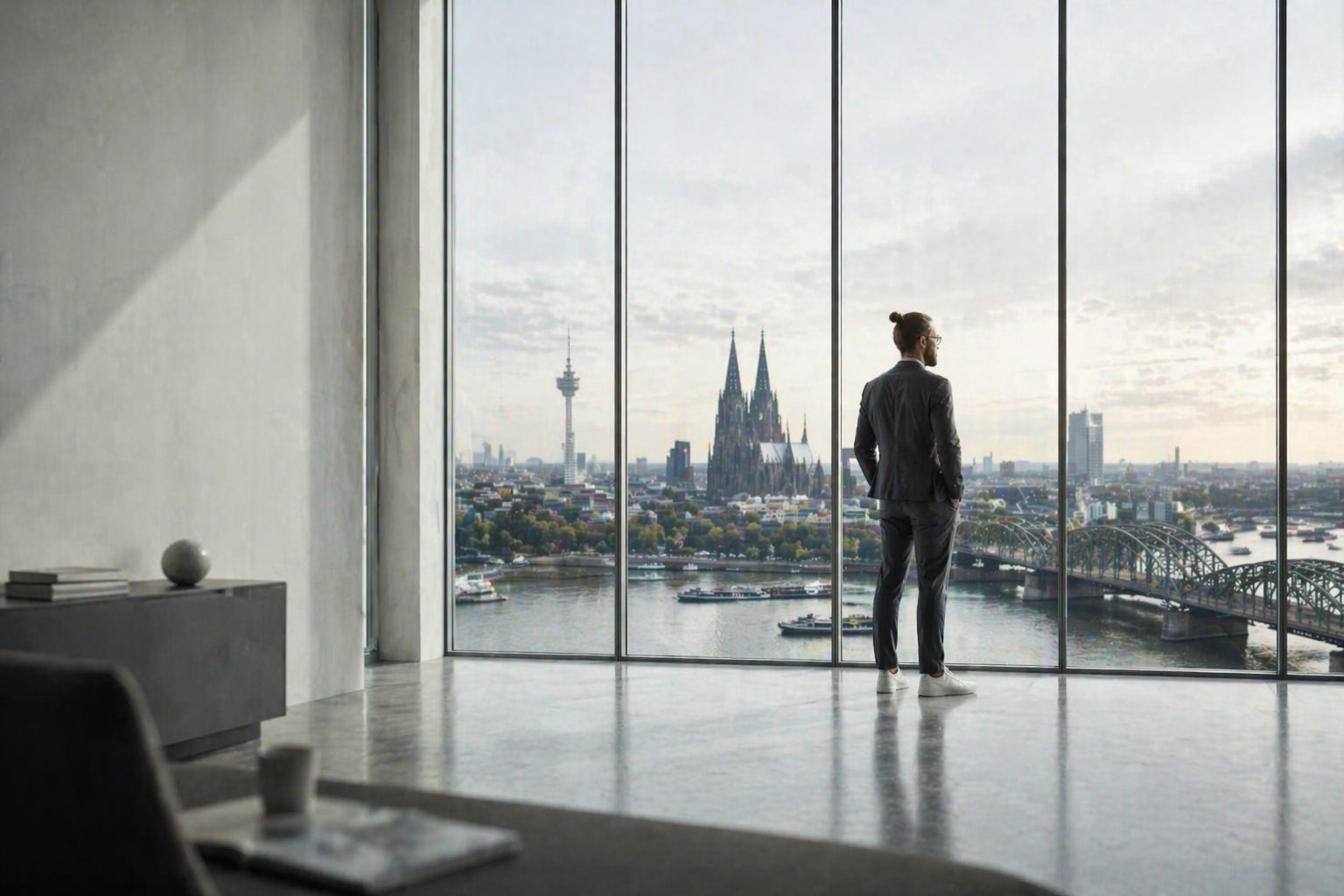 Ein Mann in formeller Kleidung steht vor einer großen Fensterfront in einem modernen Bürogebäude und blickt auf die Stadt Köln mit Dom, Fluss und Brücke.