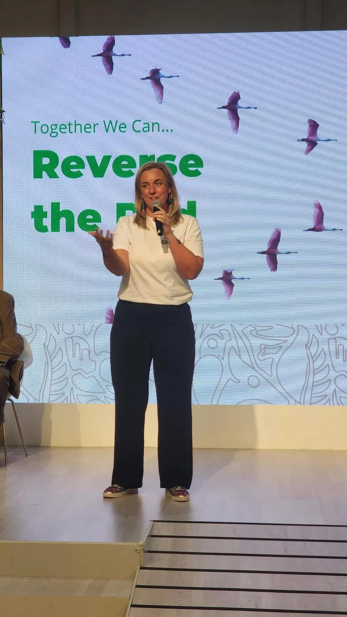 A woman speaking into a microphone on stage, with a large screen behind her displaying a message about reversing the end. The screen has flying pink-colored birds and decorative patterns at the bottom.