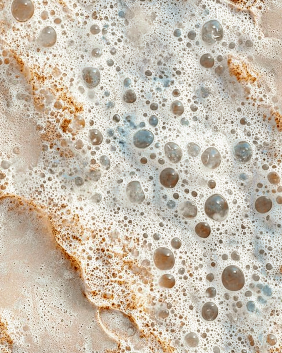 Close-up of a frothy, bubbly beverage, possibly a beer or soda, with foam and bubbles in various sizes.