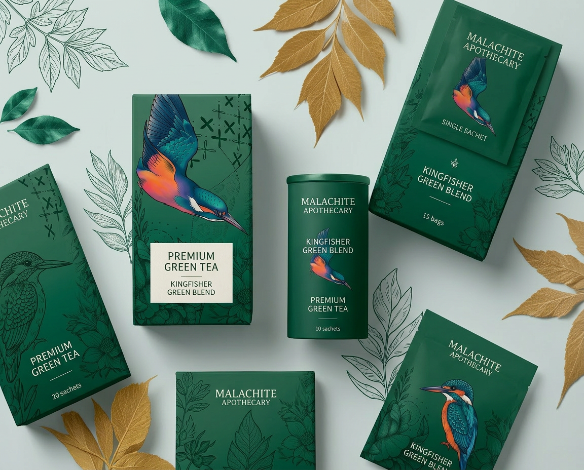 Various green tea boxes and a canister with a bird illustration, surrounded by green and gold leaves on a light background.