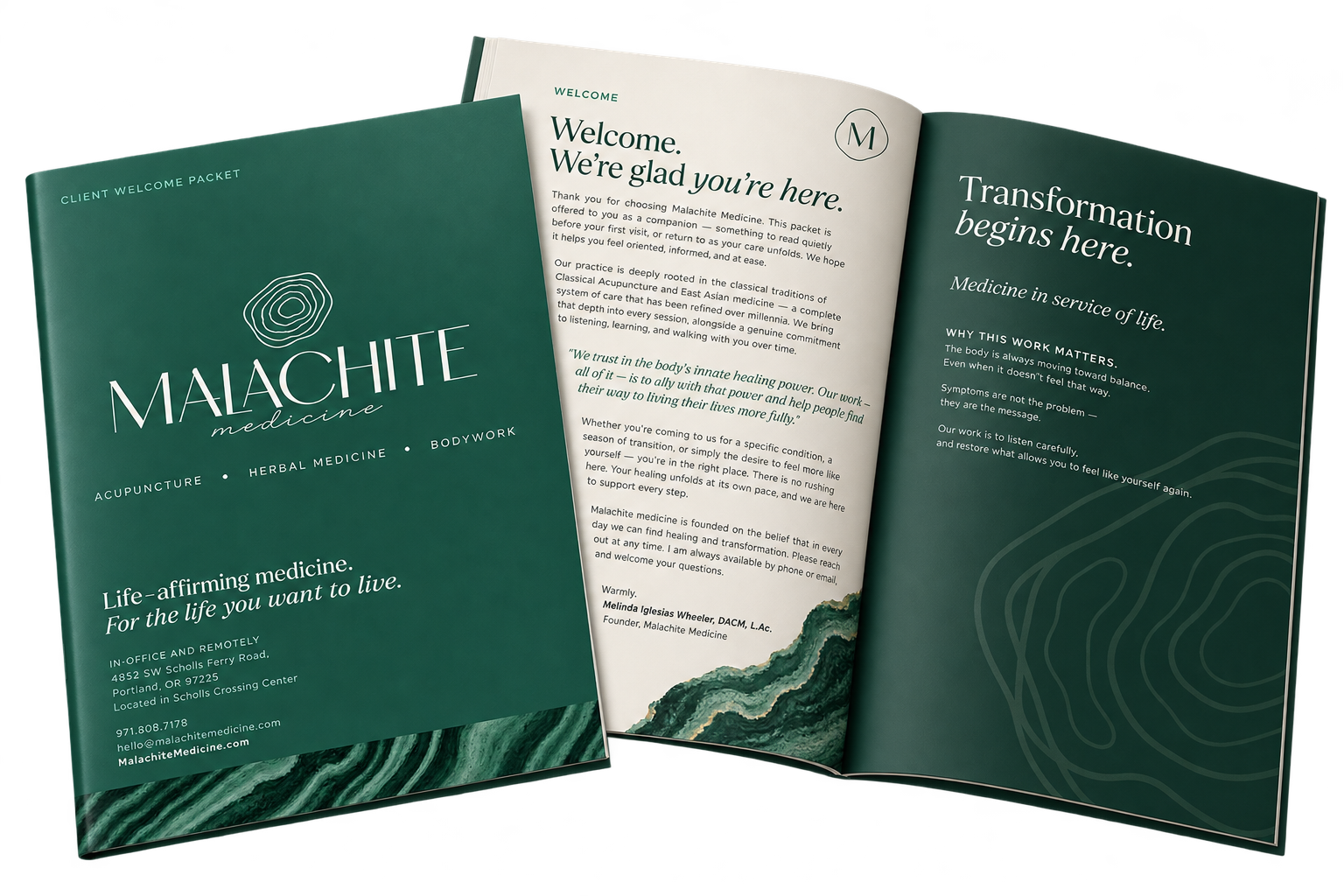 Folded brochure for Malachite Medicine emphasizing acupuncture, herbal medicine, and bodywork with green marble designs. Inside pages include a welcome message and information about the practice.