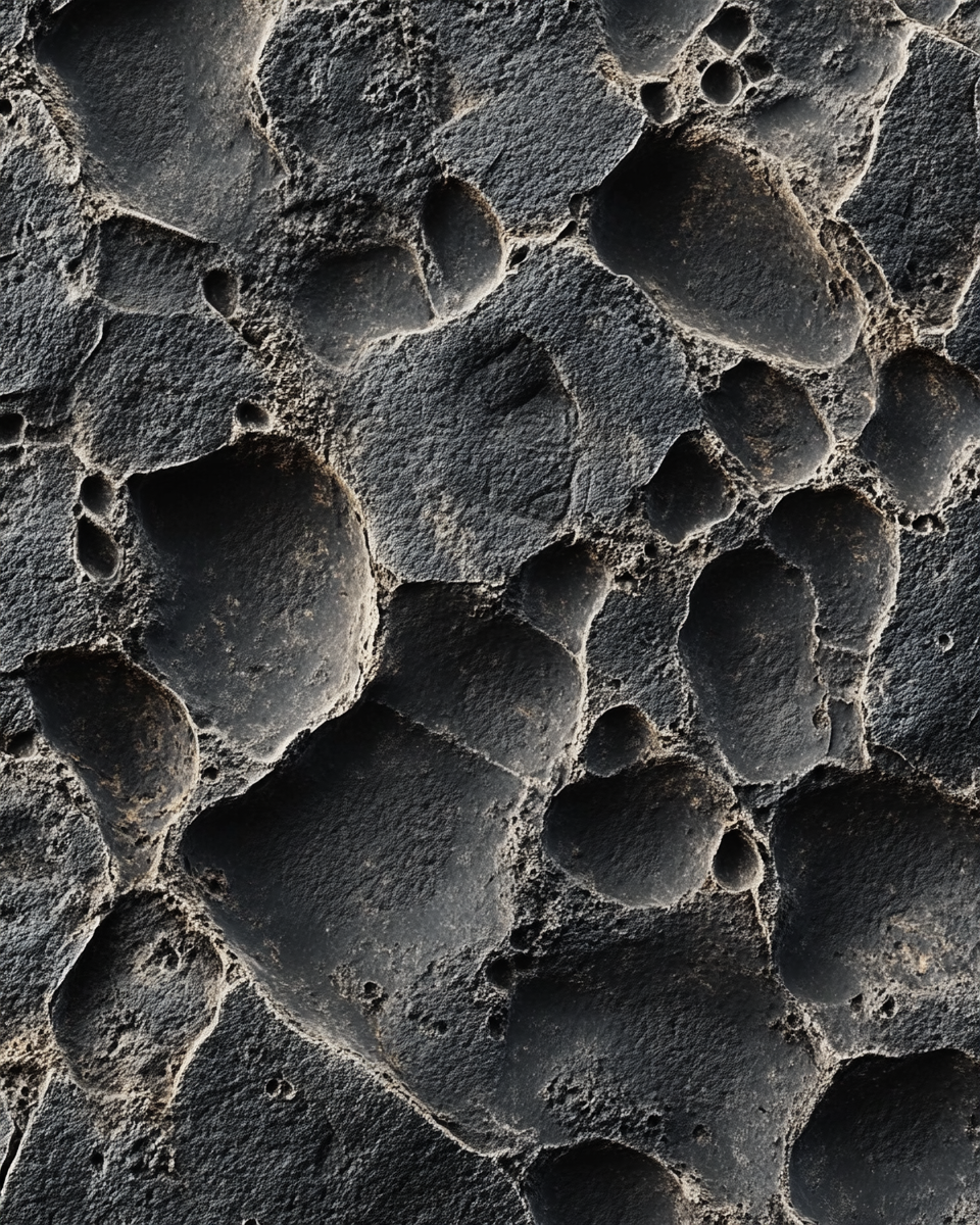 Close-up of a textured, rocky surface with numerous small and large indentations and holes.