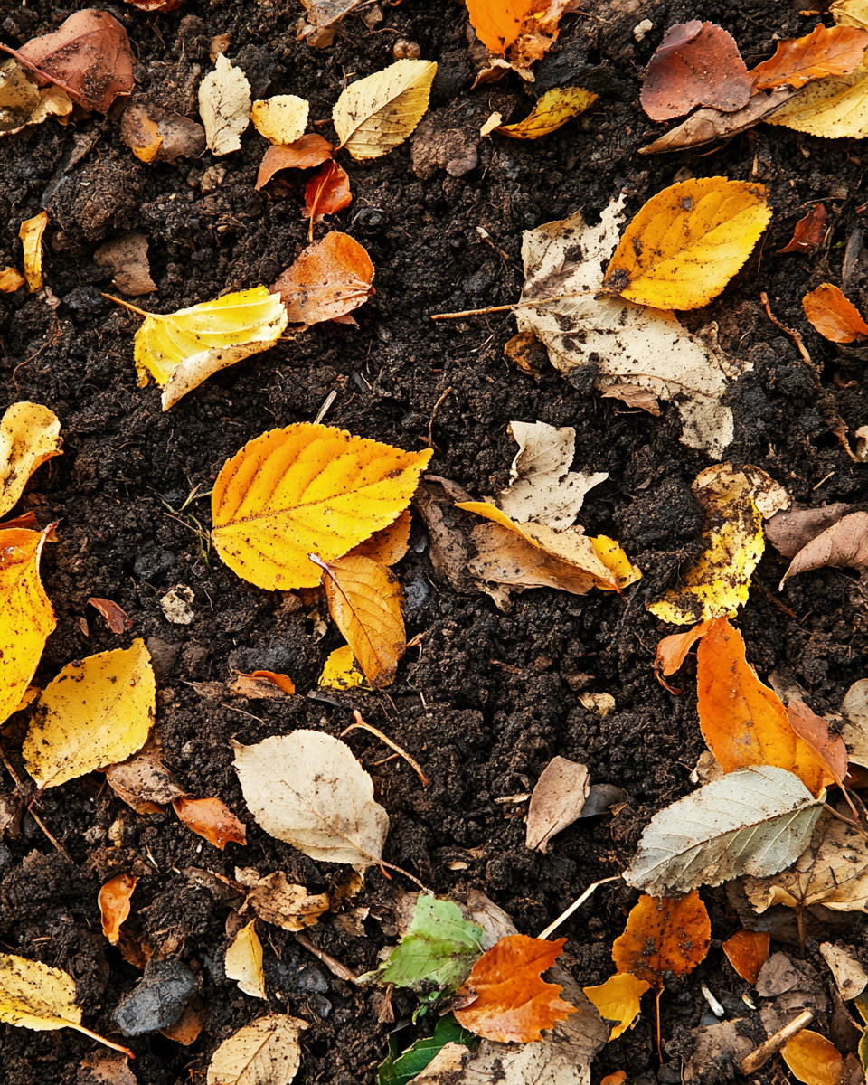 Fallen autumn leaves in shades of yellow, orange, brown, and cream scattered on dark, moist soil.