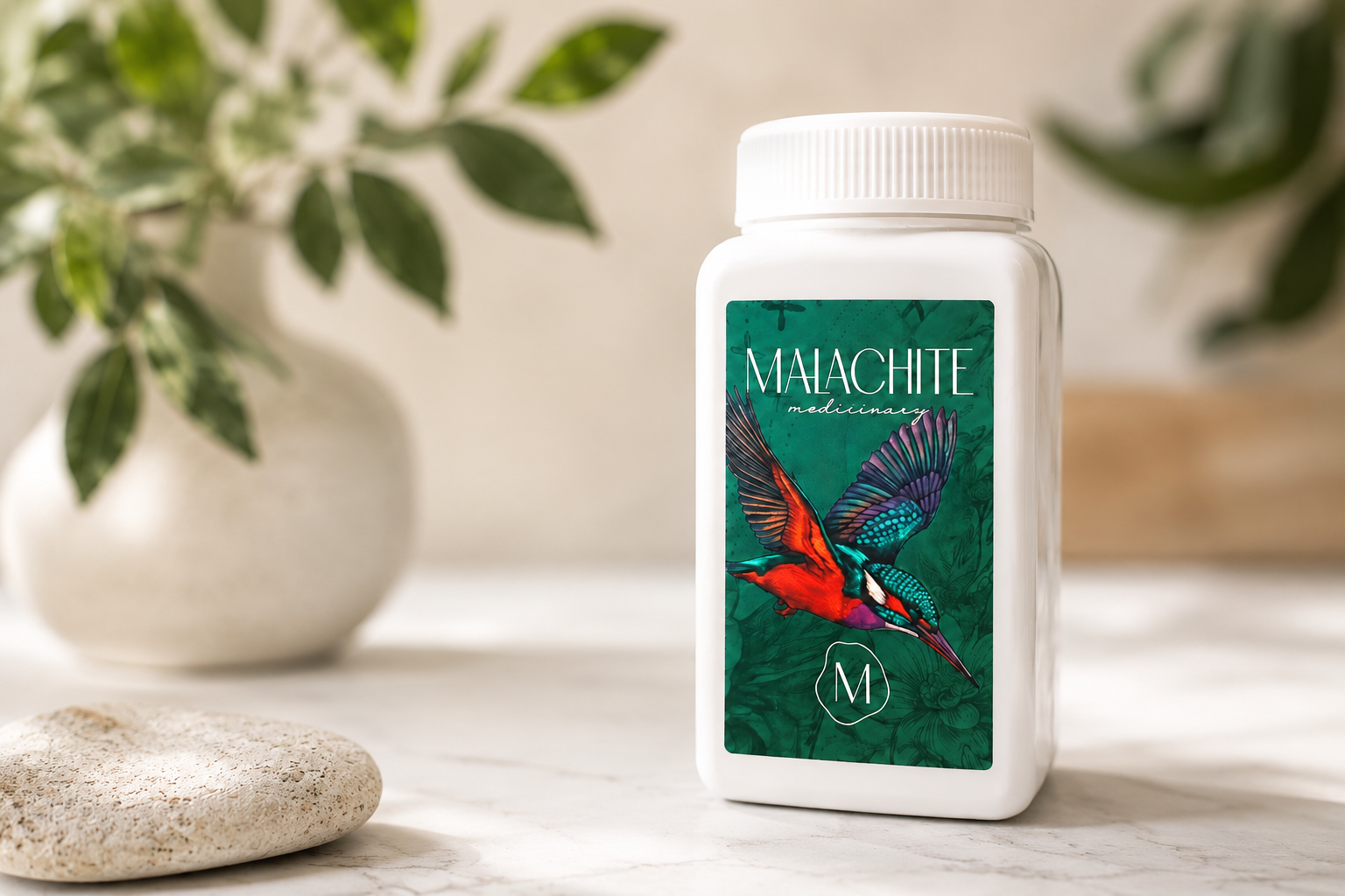 White bottle labeled 'Mahachite' with a colorful hummingbird illustration, placed on a white surface with a plant in a white pot and a textured rock nearby.