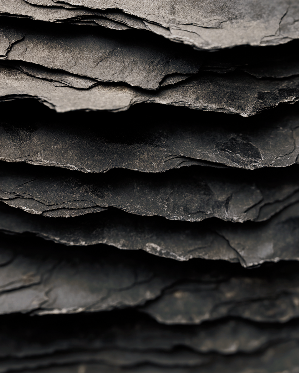 Close-up of layered, dark gray slate rocks with rough, uneven surfaces and cracks.