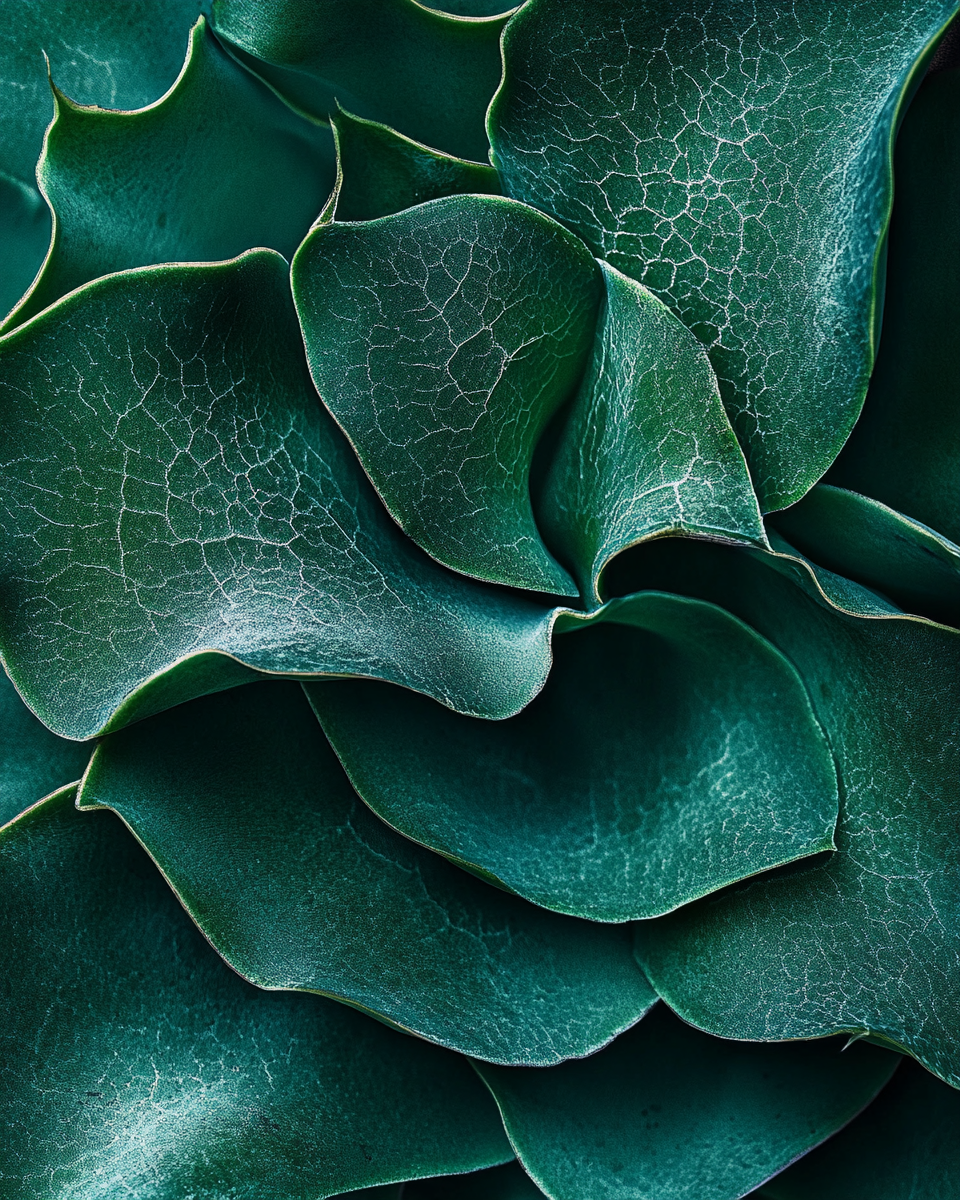 Close-up of green succulent leaves with a waxy surface and visible white veins.