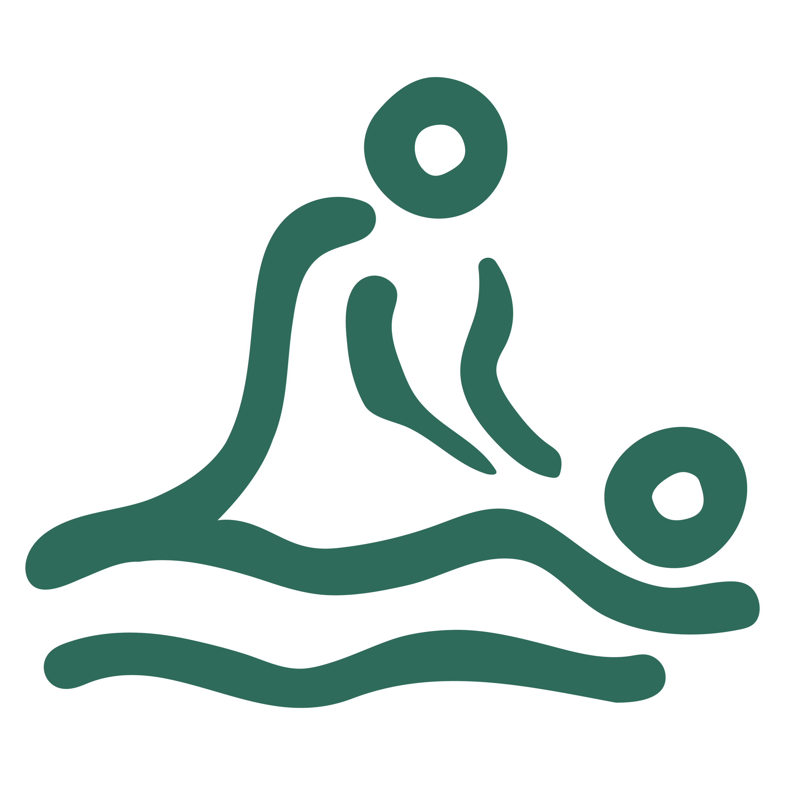 Minimalist abstract illustration of a person with a large eye, single curved line for a mouth, and flowing hair and neck, all in dark teal color.
