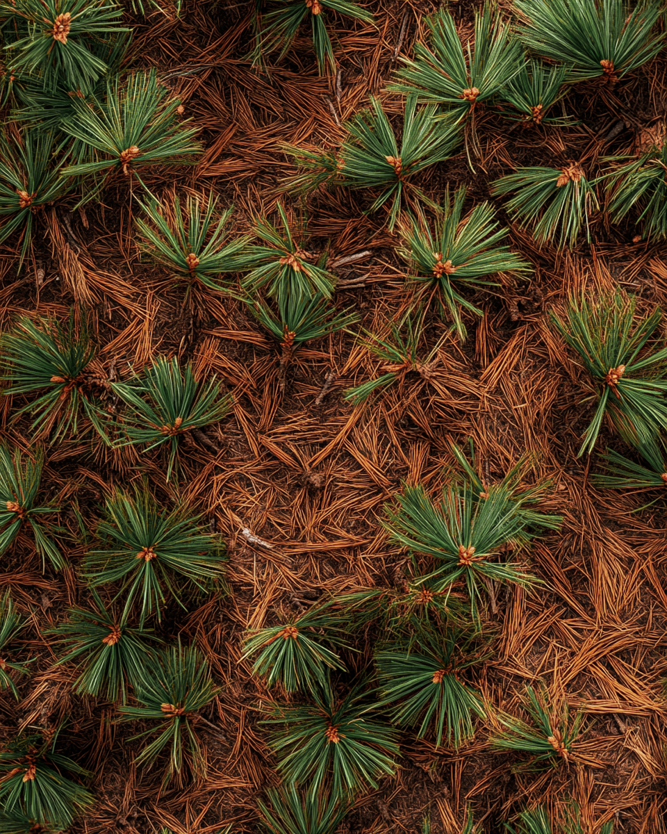 Close-up of pine needles and pine cone scales on the forest floor.