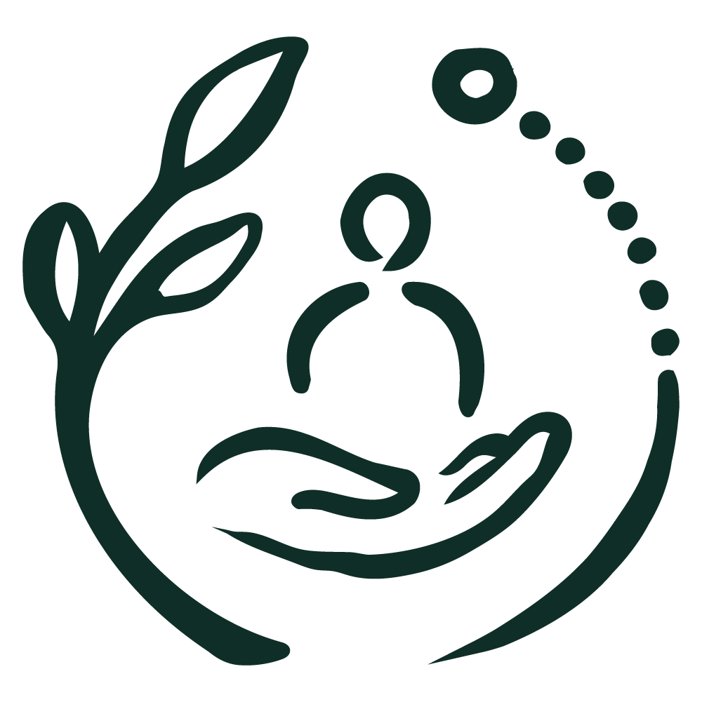 A stylized logo featuring a hand holding a person figure, surrounded by leaves and a dotted arc.