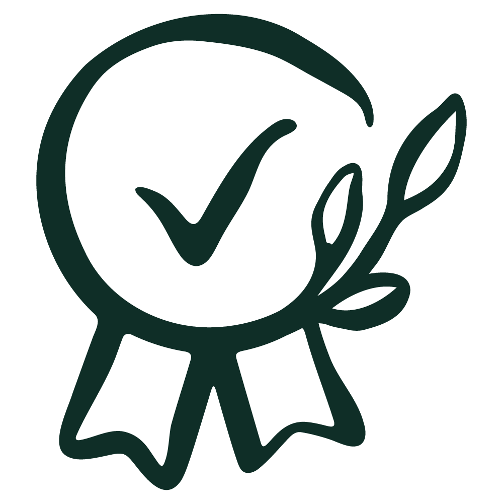 Icon of a medal with a checkmark and leaves.