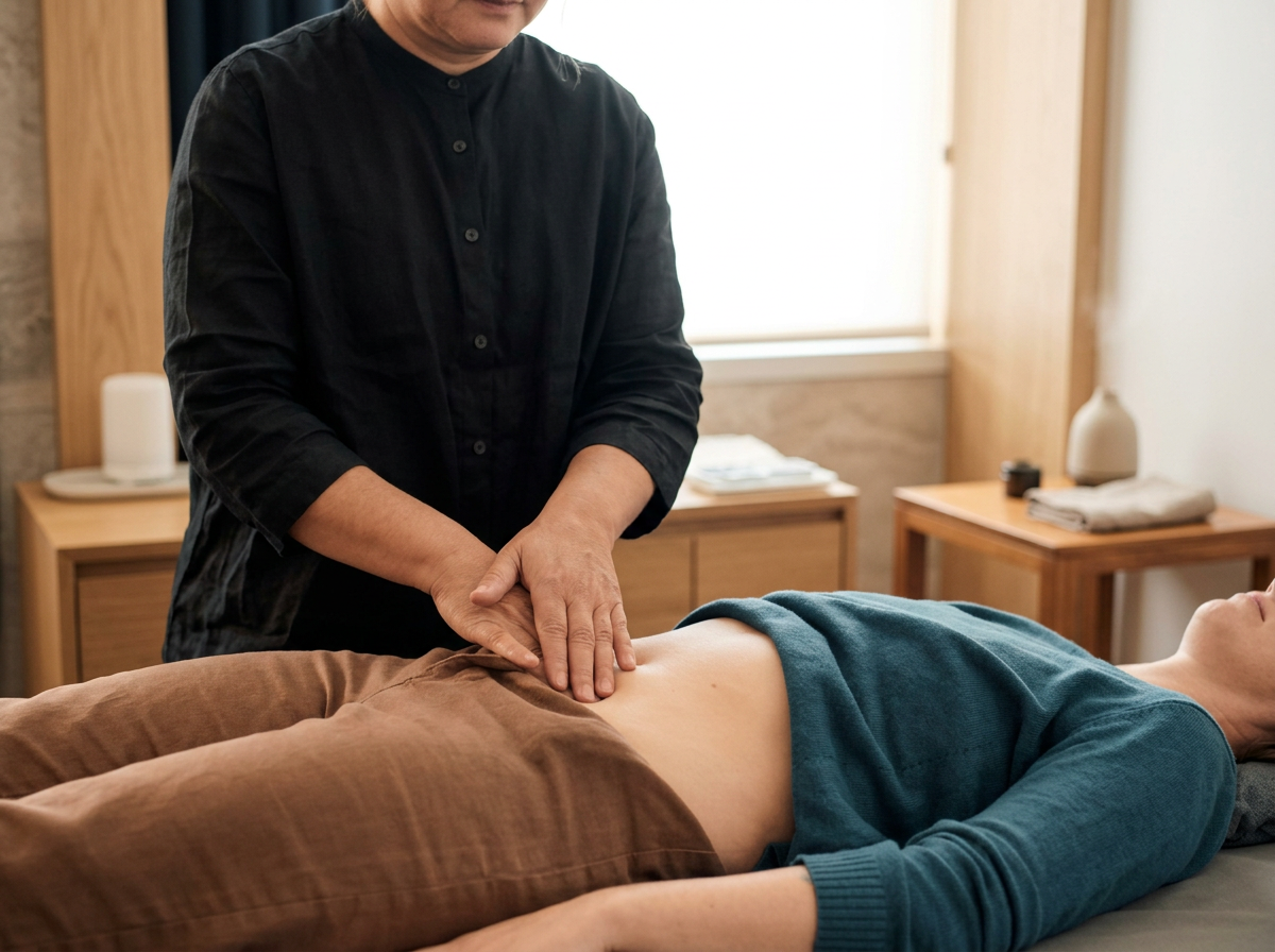 A person with braided hair and a face mask lying down with closed eyes, possibly relaxing or receiving a treatment, with a hand resting on their shoulder.