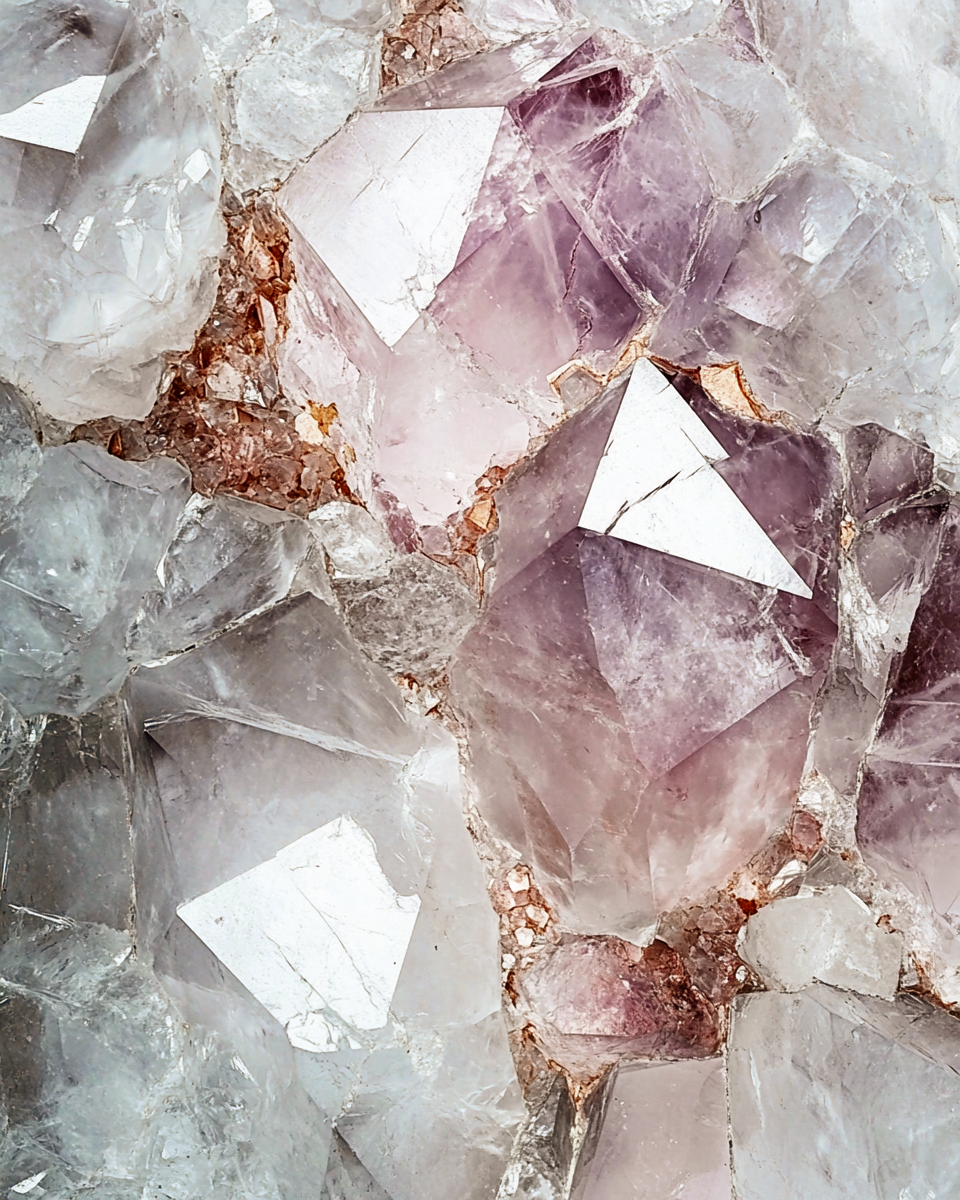 Close-up of raw, unpolished crystals in shades of purple, pink, and gray with rough and jagged textures.