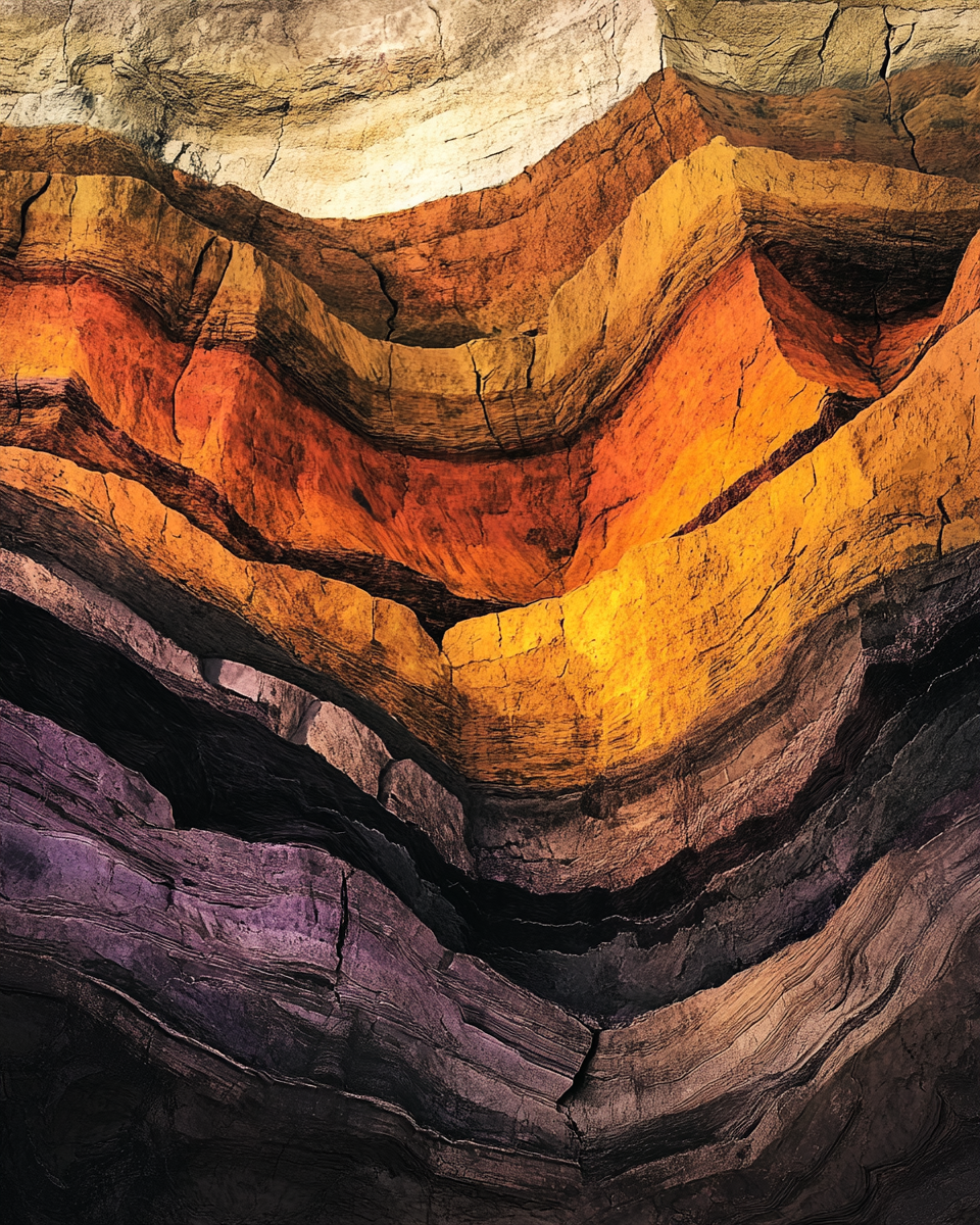 Colorful layered geological rock formation with shades of yellow, orange, purple, and black, depicting the cross-section of a canyon or cliff.