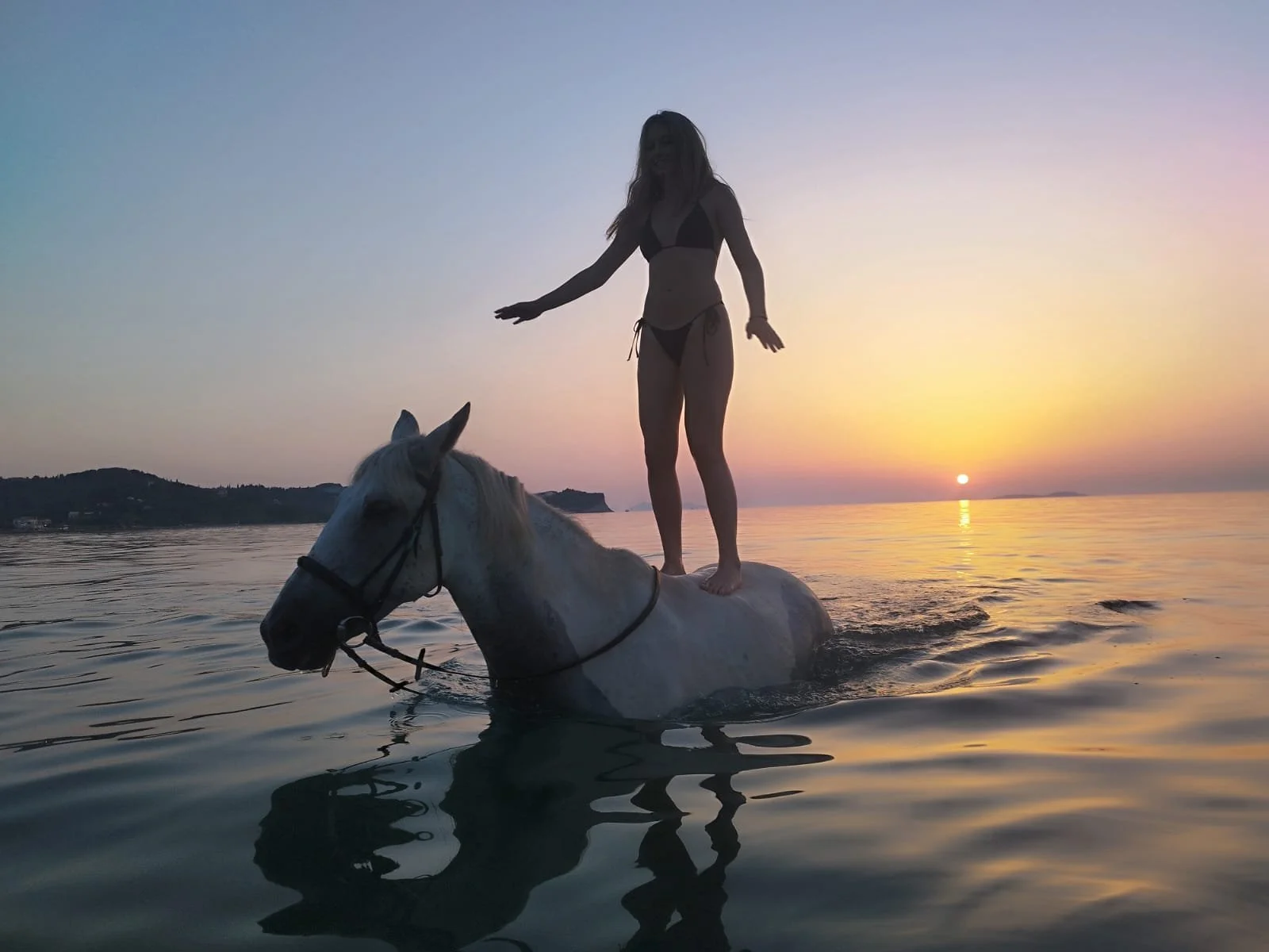 Woman in bikini standing on white horse in water during sunset