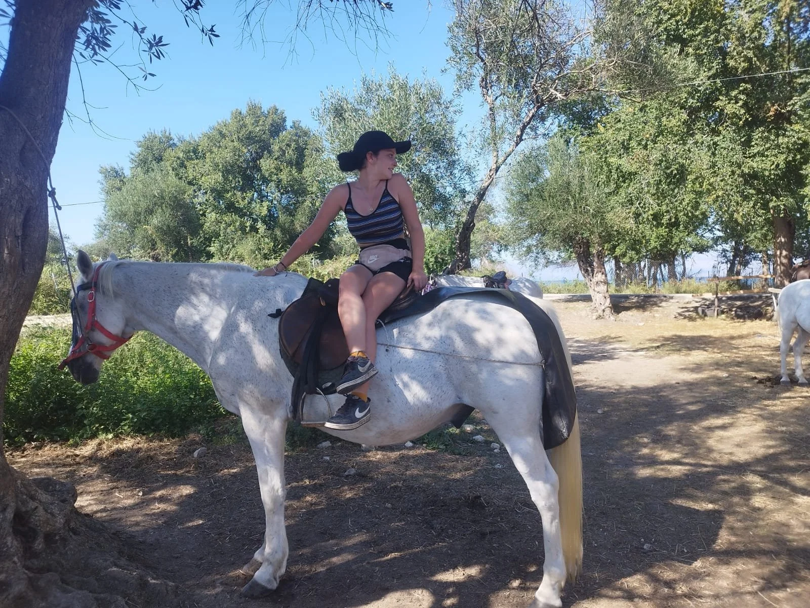 A young woman sitting on a white horse with a red bridle, wearing a striped tank top, black shorts, a black cap, and sneakers, in a shaded outdoor area with trees and a dirt path.