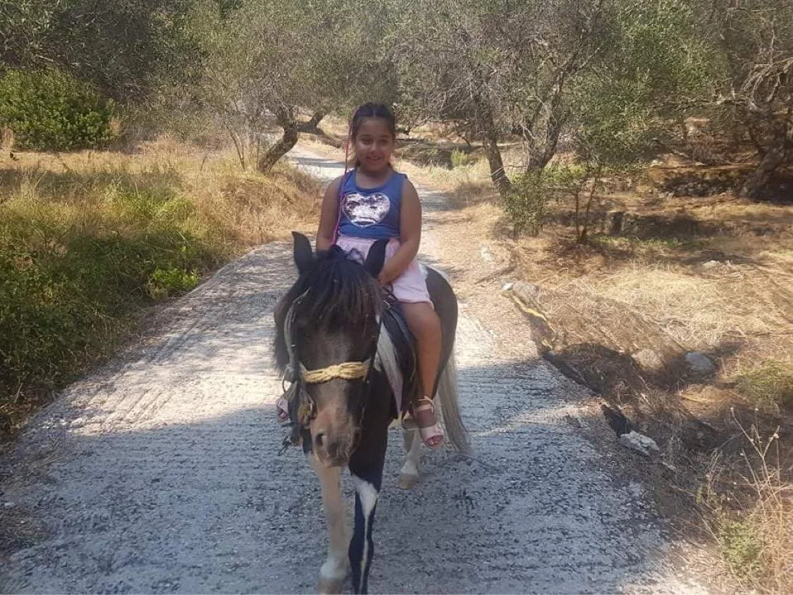 A young girl rides a black and white horse along a dirt trail in a sunny, wooded area.