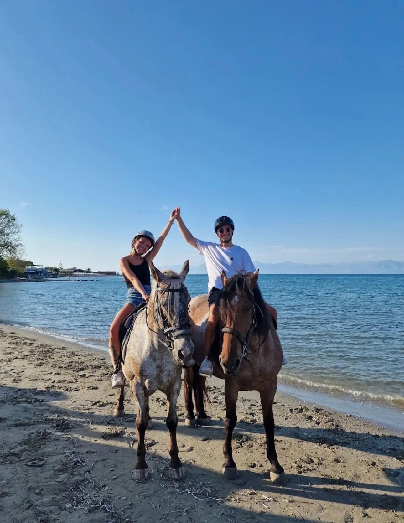 Two people riding horses on a beach, high-fiving each other, with the ocean and blue sky in the background.