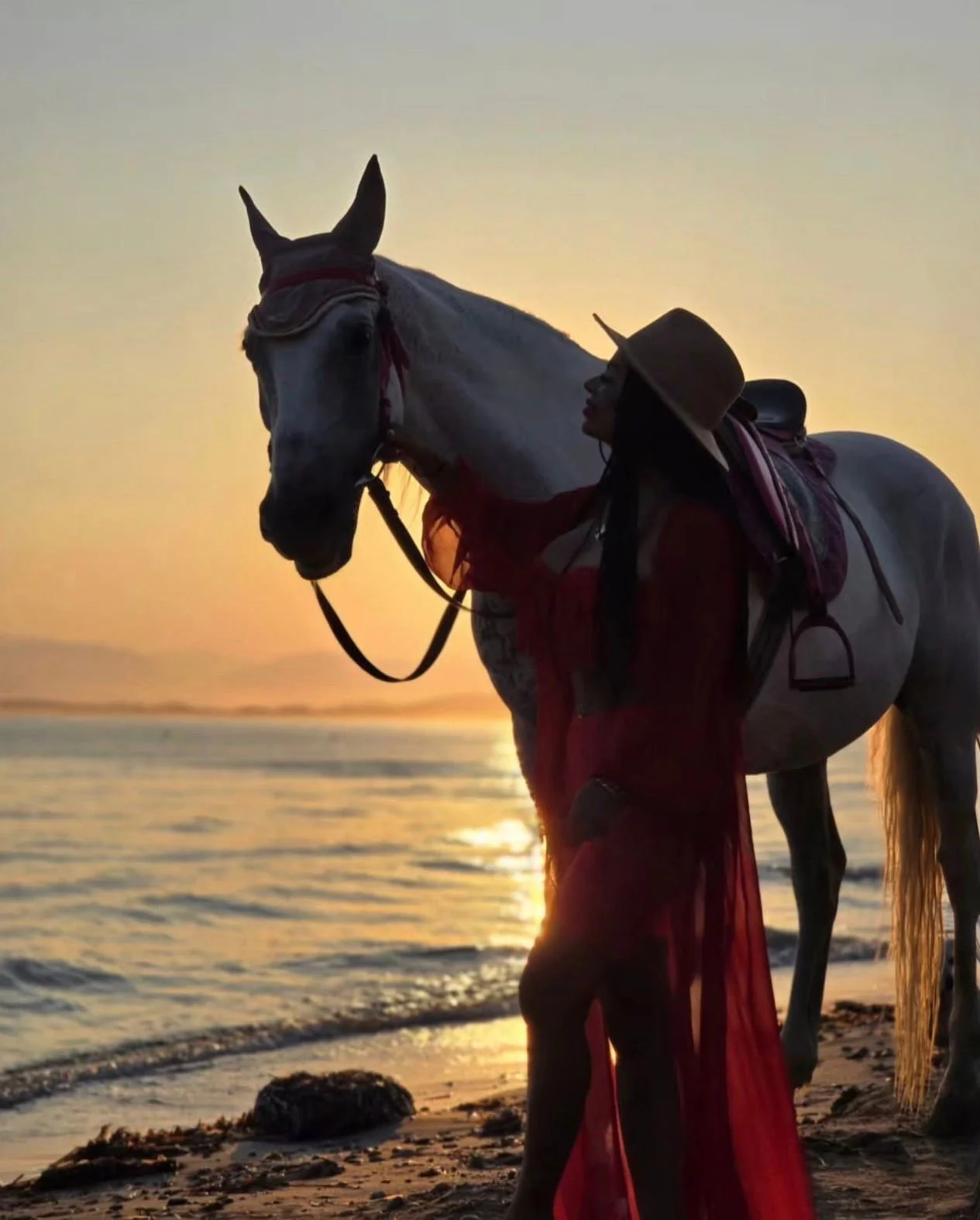 A person in a red dress and wide-brimmed hat standing next to a white horse on the beach at sunset.