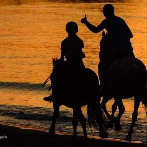 Silhouettes of a man and a child riding horses along the beach at sunset, with one person giving a thumbs-up.