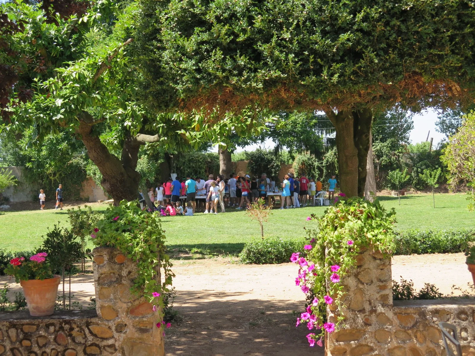 Una escena al aire libre en un parque con muchas personas reunidas en una mesa grande, rodeadas de árboles verdes y flores coloridas en macetas de piedra, en un día soleado.