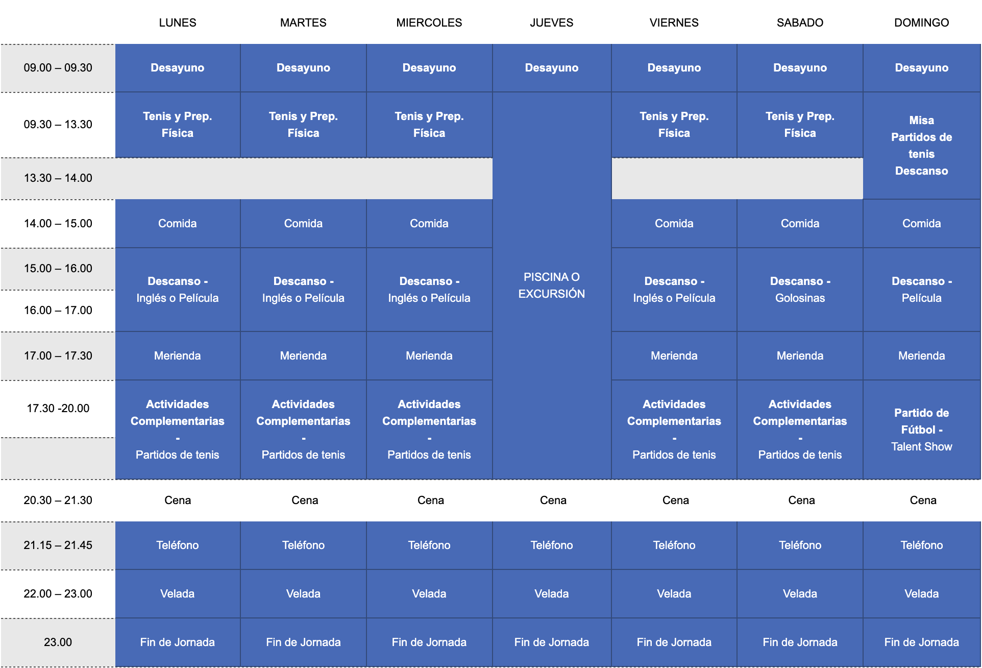 Horario semanal en un cartel, con actividades diarias y horarios, incluyendo desayuno, clases, comida, descanso, meriendas, actividades complementarias, cenas y teléfono, en diferentes días de la semana.