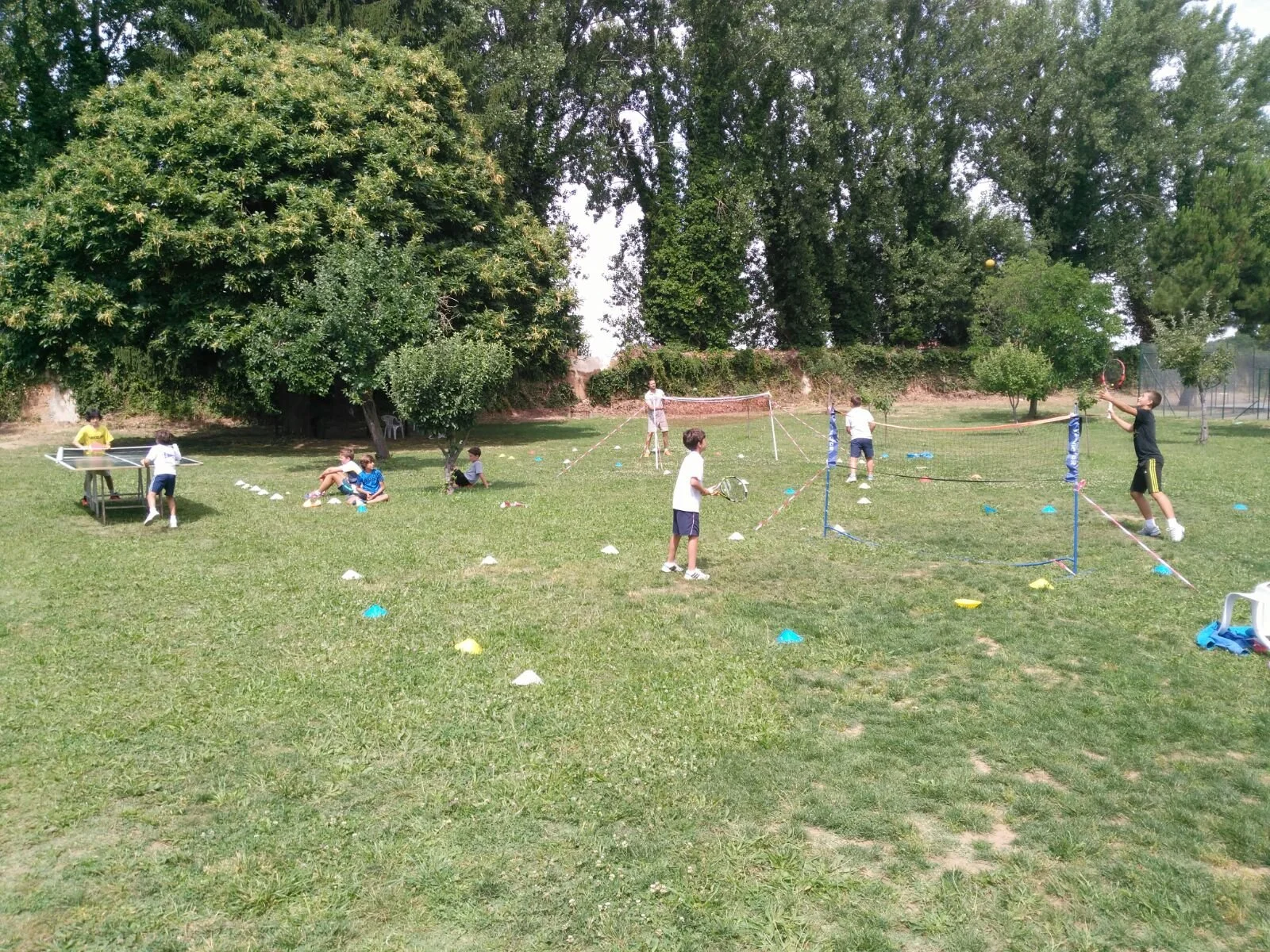 Niños jugando a la raqueta y a volley en un campo de césped con árboles al fondo.