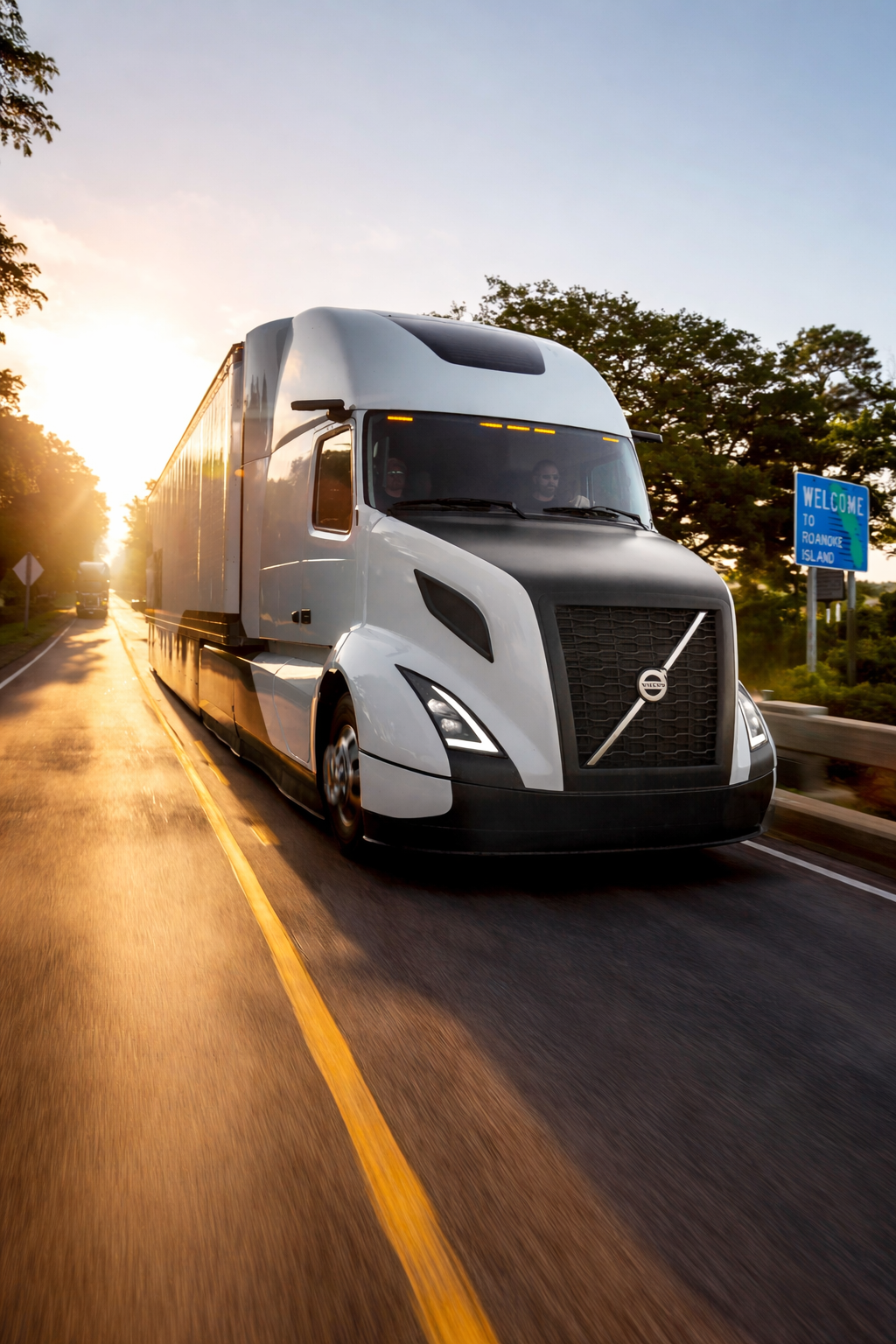 A large white and black semi-truck driving on a highway at sunset near Roanoke Island.