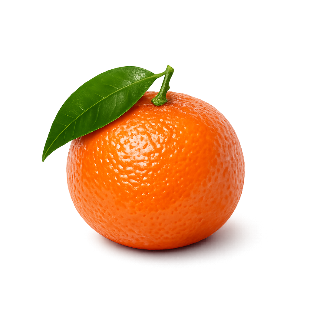 A close-up photograph of a fresh, ripe orange with a green leaf and stem attached, set against a blurred background.