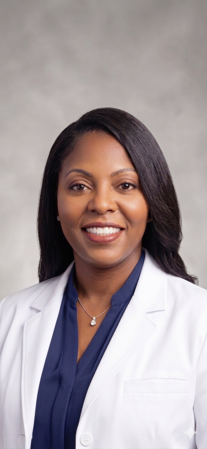 Portrait of a woman with shoulder-length black hair, smiling, wearing a white medical coat over a navy blue top, and a necklace with a pendant, standing against a gray background.