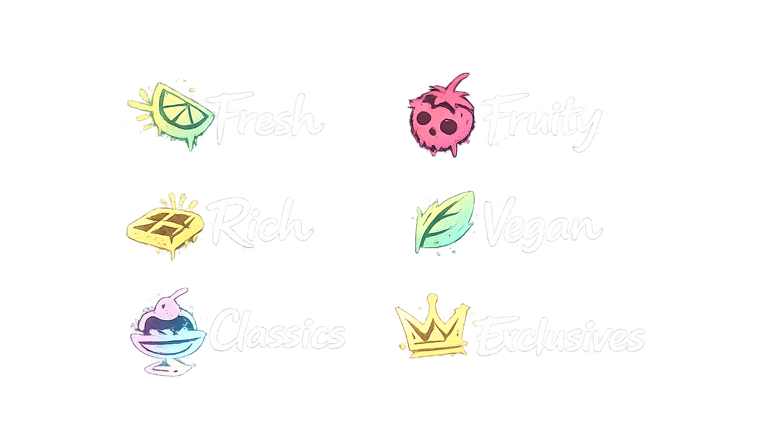 Colorful neon icons with text labels: Fresh with lemon slice, Fruity with pink fruit, Rich with gold bar, Vegan with green leaf, Classics with pink bird in a dish, and Exclusives with gold crown.